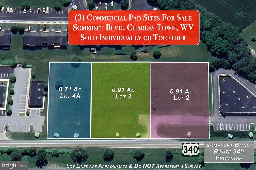 Prime Commercial Pad Sites located at Windmill Crossing in Charles Town WV with Route 340 visibility. Three lots are listed individually which are all adjoined.  This lot is 0.91 acres but we can comprise a total of over 2.5 acres with all 3 pads that are listed. Join other commercial enterprises in this area including Sheetz, Tractor Supply, Aldi, WVU Urgent Care, My Eye Doctor, Mountainview Professional Offices, Charles Town Family Dental etc.  Currently there are several hundred homes under construction and future home sites to be built in the thousands all less than three miles from this site.