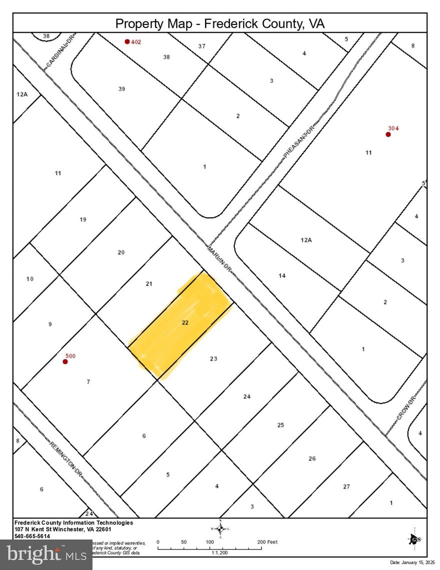 Property is currently not accessible. Pheasant Dr. would need to be extended by HOA for lots to be accessed.  HOA stated they would extend road when owner is ready to build. Lot 22 Marlin is approximately .25 acres, Adjoining lot 21 Marlin ( .26 acres) is also listed for sale. There is no sign on the property, property has not been surveyed and property corners are not marked. Located across from Pheasant Dr,  I would recommend getting on Frederick County GIS map to explore location of the lot better. No soil testing has been conducted to determine suitability for a septic system, leaving you the opportunity to tailor development to your needs.

This lot is ideal for those looking to build their dream home or for neighbors seeking to expand their property. Imagine increasing your yard space, creating additional storage, or even adding a detached garage—subject to local zoning and HOA guidelines, of course.

Whether you're envisioning a private retreat, a hub for outdoor activities, or a blank slate for your dream project, this parcel offers a unique opportunity at an unbeatable price. Don’t miss the chance to secure your own piece of Wilde Acres!

HOA manages and maintains roads and common area. Yearly HOA fee for an unimproved lot is $385 per lot. If owner owns connecting lots buyer may have the opportunity to consolidate the lots into one single lot to decrease yearly HOA dues owed. 

All information is deemed to be accurate but buyer should do their own due diligence. HOA covenants and restrictions are located under documents.