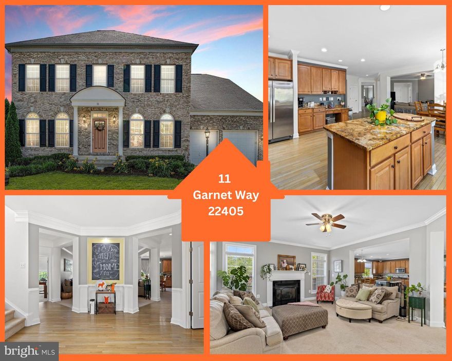 Welcome to the Cambridge Crossing  community.  Quietly set in Frederickburg's 22405 zip code in Stafford County's Falmouth area. Located on a cul-de-sac street, this impressive brick front residence delivers over 5,400 sq ft of thoughtfully designed living space where space is the defining feature and flexibility is the benefit. Take advantage of this rare offering in this location, at this price point. Located just across from Falmouth Elementary and north of the Rappahannock River,  approximately 8 minutes from I-95, 5 minutes to Route 1, downtown Fredericksburg, VRE access, and local favorites like Carl’s Ice Cream, with straightforward access to Quantico, Fort Belvoir, and the Navy Yard, this home pairs substantial living space with commuter-friendly convenience.
From the moment you step into the two-story foyer, the scale of the home is unmistakable. Wide hallways and stairs,  9+ foot ceilings, and generously sized rooms create an open, airy feel that allows each space to stand on its own while still flowing seamlessly. Fresh paint, crown molding, and chair rail detailing enhance the home’s classic design without overwhelming its clean lines.
The main level is designed for both everyday living and large-scale entertaining. At the center is an expansive kitchen with a walk-in pantry, bar seating, and a bright breakfast nook, offering room for multiple cooks, casual meals, and gatherings without crowding. The open layout allows for oversized furniture, multiple seating areas, and true separation of function. A flexible main-level room provides options for a home office, guest space, or playroom, adding to the home’s adaptability.
The home’s distinctive center octagonal layout maximizes existing usable square footage and provides 4-5 bedrooms, 2.5 baths.  Thanks to existing plumbing, there’s potential for future expansion in the basement with another bedroom and full bathroom. Upstairs, the primary suite is a true retreat, featuring a sitting area, dual walk-in closets, oversized vanities, a soaking tub, water closet, and a separate walk-in shower. Additional bedrooms are notably large, offering space for work, rest, or hobbies, and the laundry room is conveniently located on the same level.
The mostly finished basement adds another layer of living area, ideal for a recreation space, home gym, media room, or multi-generational use, with ample storage and future bathroom potential already in place. Outside, the fully fenced backyard and elevated deck provide room to relax or entertain.
Recent updates include a brand-new roof and oversized water heater, offering peace of mind for years to come. A two-car garage completes the home’s practical features.
Homes that offer this level of square footage, flexibility, and long-term potential rarely come available. Schedule your private showing to experience the scale and possibilities firsthand. There is an assumable FHA mortgage.