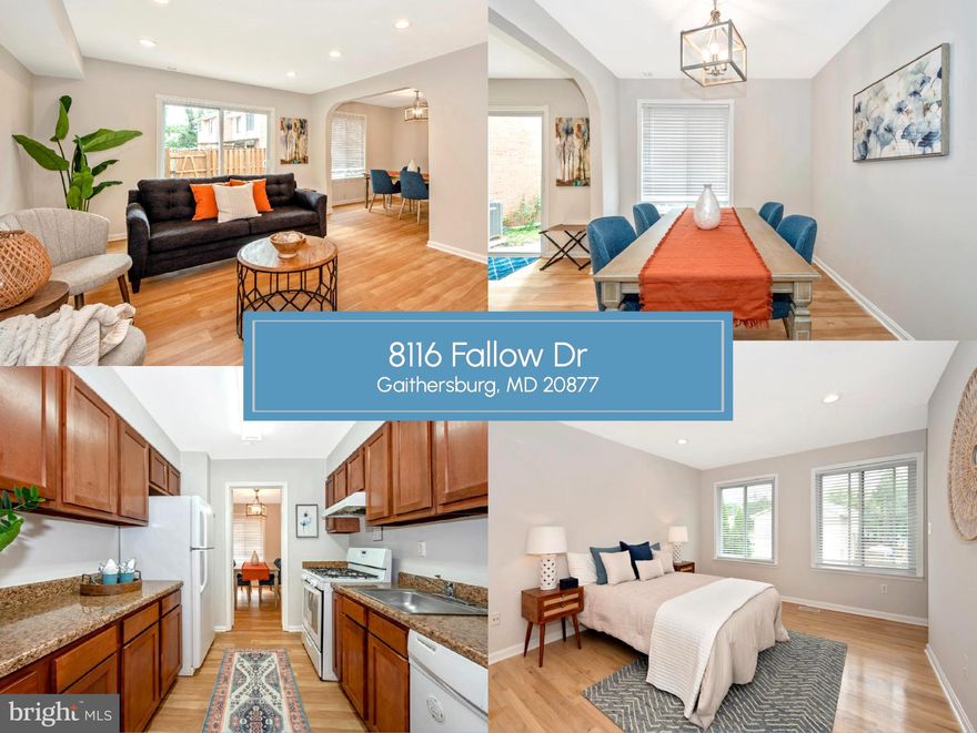 FHA AND VA APPROVED!! Back on market!! This freshly painted, move-in ready 3 bedroom (potential 4 BR), 3.5 bath brick front townhome in desirable Hamlet North has a smart layout, designated parking for two cars, gas cooking, and giant bedrooms that include an owner's en suite bath and 3 closets! You'll appreciate the real hardwood floors, newer HVAC, large windows,  several bonus closets, and storage spaces...MAIN LEVEL HAS EASY FLOWING FLOOR PLAN between living room, dining, formal sitting room, and galley kitchen. GAS COOKING, GREAT COUNTER SPACE, AND RELIABLE APPLIANCES will please any chef. Lots of kitchen cabinets make it easy to organize dishes, cookware, baking tools, etc...GENEROUS DINING and TWO LIVING SPACES! Comfortably host holiday events in the very spacious dining, living, and formal sitting areas. There's potential to turn the sitting room into a dedicated home office or study. Expand your entertainment space by inviting guests into the fenced-in backyard. The back of the home faces common green space so it feels like a private garden... Convenient powder room and bonus walk-in closet are located on main level...IMPRESSIVE BEDROOM SIZES ON UPPER LEVEL! Primary bedroom  has hardwood floors, is large enough to fit a King size bed, and lets in lots of northern light. PRIMARY BEDROOM HAS THREE DOUBLE SIZED CLOSETS PLUS A PRIVATE BATHROOM!...Bedroom 2 and Bedroom 3 are large, nearly identical in size, and warm southern sunlight shines through the oversized windows. These rooms comfortably fit a queen bed and a large wardrobe. The full bath has updated vanity and full sized tub…SPACIOUS FINISHED BASEMENT HAS A FULL BATHROOM and 3 flexible use rooms for entertainment or overnight guests. You could use the 1st room as a home theatre, the 2nd as a game room, and the 3rd as a home gym! Plus there's an ample-sized laundry room and a 4th unfinished space for storage...ASSIGNED PARKING FOR 2 CARS AND STREET PARKING FOR GUESTS!  Reserved parking is a few steps from the front door. CONVENIENT to 270, 355, 200, Mid-County Highway... DRIVE 7 MINUTES OR LESS to Costco, Lidl, Bohrer Park, MARC Gaithersburg Station, Patel Brothers Grocery, Lake Whetstone, Gaithersburg Library...DRIVE 11 MINUTES OR LESS to MARC Metropolitan Grove Station, Rio Lake Front, Shady Grove Metro, Downtown Crown, NIST, Progress Labs, Montgomery College Rockville...Check out the Virtual Tour and schedule a showing today!