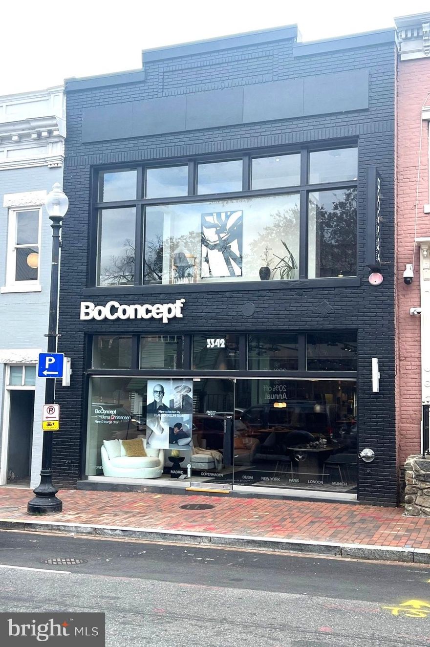 Tremendous opportunity to own a gorgeous building on bustling M St. in Georgetown.  Bo Concept is the current tenant.  The store is surrounded by high-end furniture and furnishing shops - both on M Street and on popular Cady's Alley.   Arguably the best place to shop for furniture and furnishings in the area.  Lease expires 9/30/2027 - tenant has one 7-year option.  The interior was beautifully renovated in the early 2000's and has been kept in excellent condition by both ownership and tenants.  Please contact LA for appointment to view the interior.   Current base rent $258,000/yr.  Additional rent including property tax, insurance, BID tax is currently $63,600/yr.  Seller may accept or reject any offer.