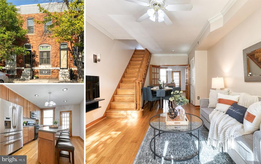 Update: Offer Deadline set for Sunday 8/6 at 10pm and offers will be discussed on Monday. Charming 1000+ sq foot brick rowhome in the heart of Canton with large kitchen with island and PARKING POTENTIAL! The home boasts an idyllic vestibule in between the two front entryway doors, perfect for keeping the elements out and providing space to hang your coat, dry your umbrella, or kickoff your shoes. This home  flaunts unique and attractive features like glass door knobs, lovely stained glass, beautiful hardwood floors and wood trim. The front living room, complete with crown molding, is drenched in natural light with a big gorgeous window topped with an arched stained glass transom. Plenty of room for a dining table since this spacious living room opens to the large kitchen, showcasing the island with sink that doubles nicely as a breakfast bar with pennant lighting! For even more first floor natural light, the kitchen has one big window and a 15 lite door leading to the back patio which is currently complete with shed - or home to your future private parking spot should you choose to convert it! It's also th perfect place to grill on a gorgeous summer nights! Head upstairs and you are greeted with two bedrooms, one complete with a closet and ceiling fan. The shared full bathroom has a beautiful clawfoot tub that shines with natural light down from the skylight. The skylight also pours light into the  bonus loft space between the bedrooms that could easily be converted to a 2nd full bath, or continue with it's current use as it's the perfect place to work from home, relax, use for an exercise space or play space! The basement features a finished carpeted area with built in shelving as well as a washer and dryer, plus an extra toilet room in the storage space. Basement has access stairs to outside back patio. Roof replaced in 2019! This home is perfectly located in Canton for an easy walk to Canton Square for restaurants and shopping, Canton Waterfront park for leisure or to hop on the Water Taxi, or enjoy one of the wonderful events going on in Patterson Park. Easy access to 895 and 95. This home  will have you absolutely loving the Charm City life! Note: Neighbors  have already converted their back patios to be a parking pad and you could possibly do the same if desired - buyer to do due diligence on feasibility and pricing (check disclosures). A MUST SEE!!!