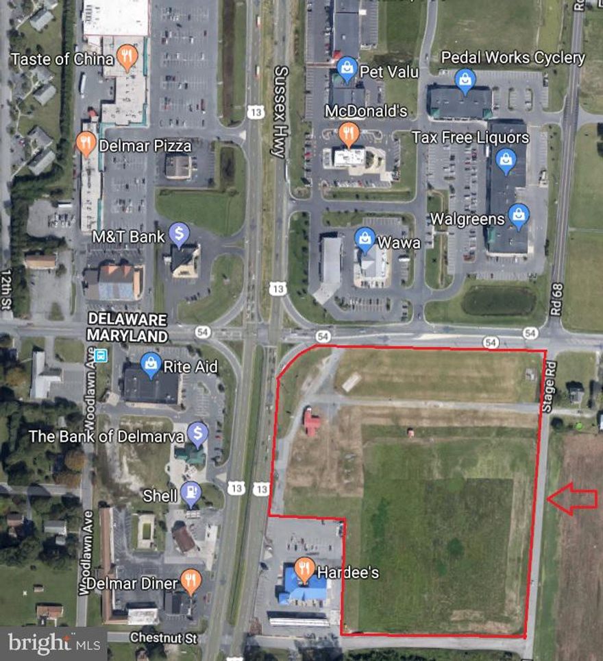 Three parcels totaling 11+/-acres located on a very highly visible and heavily traveled corner of Rt 13 & Rt 54 in Delmar, MD. Road frontage on four roads with ingress and egress locations on Rt 13, Rt 54 & Stage Road. Intersection has traffic lights and highway lighting at the location. There are three separate parcels that are being sold together as one package. Take a look at this nice investment location for you to develop into retail, restaurant, hotel/motel, fast food, strip mall, medical or an office complex. Many other options I'm sure are available! Excellent Location and Opportunity Awaits! Town water and sewer are available.