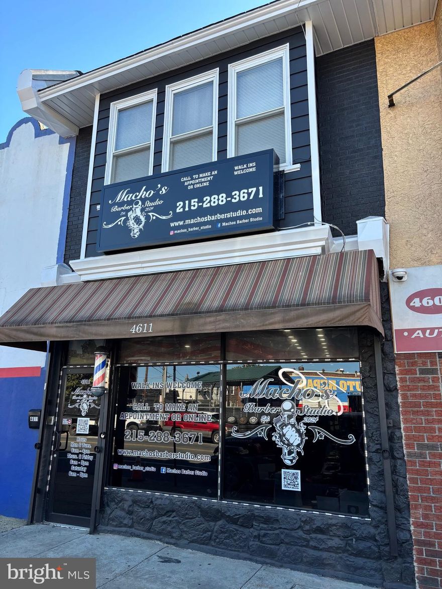 Mixed Use opportunity on a busy street in the Frankford area!!   1st floor is a huge barber shop with new commercial glass exterior + awning.  Shop has been updated with all newer equipment, lighting, mirrors + ceiling fans.   Bathroom on rear of shop along with a  double hair washing station.  1st floor has access to finished basement for additional square footage.  The 2nd floor is a huge one bedroom apartment w/ open layout + kitchen.   The apartment has two entrances, one accessible from the barber shop and also accessible from the rear of building.    The rear of building is gated + secured, and has space to park two vehicles.   200 amp electrical panel, fire alarm system + security cameras present.  Requires overnight notice for all showings, no exceptions.