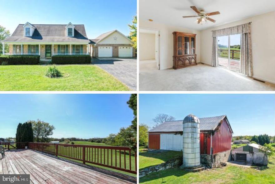 Great country living in this well-maintained 3 bedroom, 2 full bath cape cod situated on 5.82 acres! Main level offers a living room, dining room, kitchen. Primary bedroom and attached bathroom with a soaking jetted tub. Two bedrooms and full bath on upper level. Full unfinished basement with laundry, propane backup heater, rough-in plumbing for bathroom, walkout level. Equipped with a central vacuum system. Enjoy a scenic view from the backyard deck or an evening on the front porch. Bring the horses and create your own farmette with the bank barn, silo, and additional garage. Bank barn has 2 water pumps. Schedule your tour today!