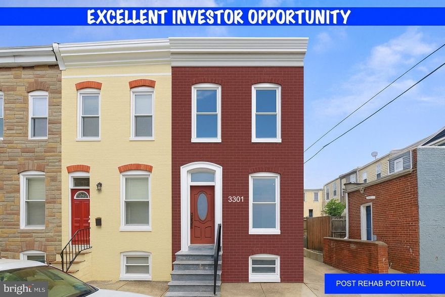 Outstanding investment opportunity in the Patterson Park area — an end-unit rowhome with strong redevelopment potential in a rapidly improving corridor. With ample square footage, a desirable corner footprint, and proximity to major neighborhood amenities, this property offers an excellent canvas for a full redesign or modern rebuild. Please note: the home has sustained significant fire damage and requires complete renovation, including structural and mechanical systems. Cash only. Sold strictly AS-IS.