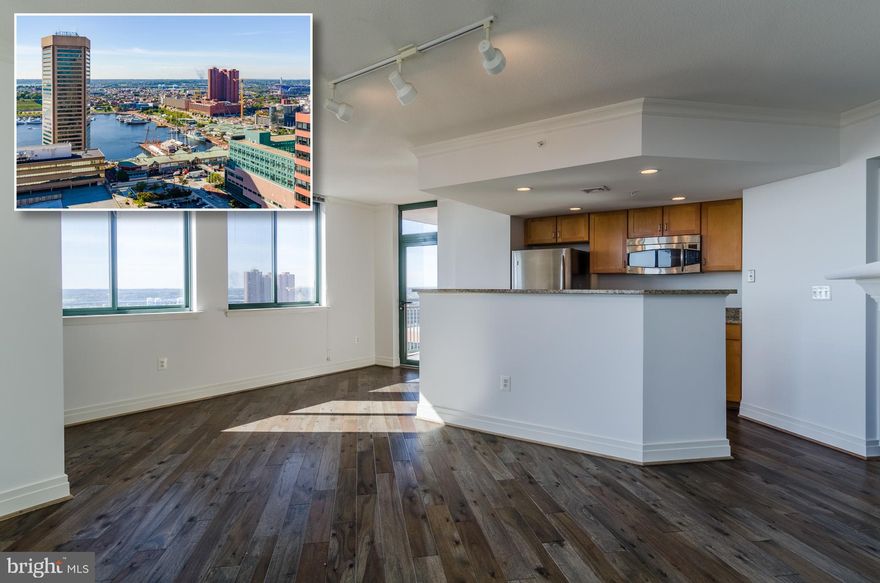 ENJOY UNBELIEVABLE VIEWS OF THE HARBOR FROM THIS 27TH FLOOR UNIT IN THE HEART OF BALTIMORE! Living room w/ hardwood floors & gas fireplace, designer kitchen w/ granite counters & ss appliances, Primary bedroom suite w/ walk-in closet & full bath, 2nd bedroom w/ hall bath, & a private balcony w/ unparalleled views! Located in a secure building with amenities that include a front desk, outdoor pool, gym, business center, & rec room! Freshly painted and ready for a new occupant! Gas/water/sewer included!
