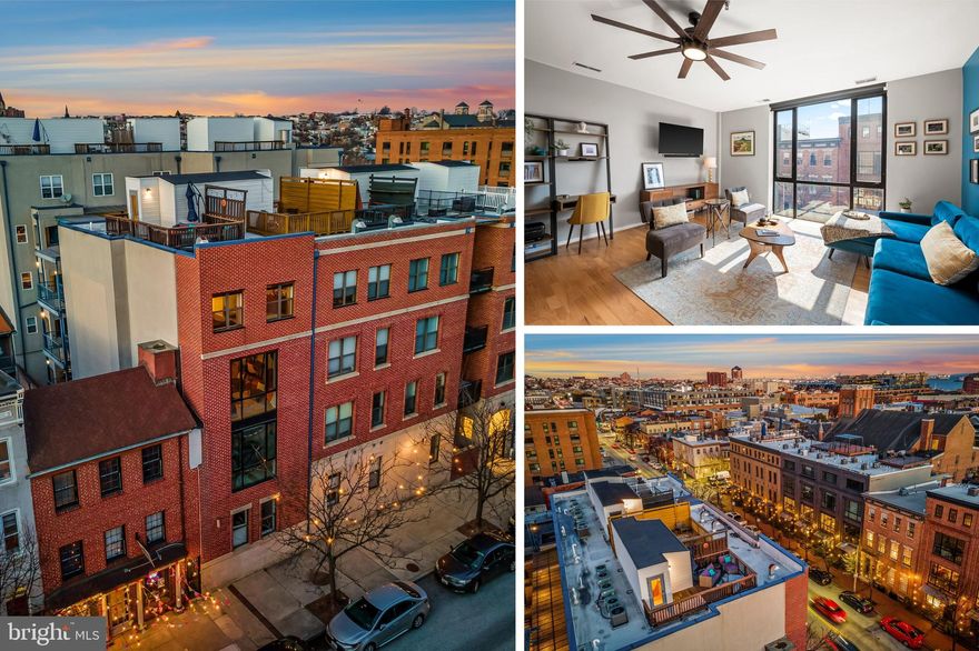 Discover the pinnacle of city living, right in the heart of Fells Point! An exquisite 2-level end unit penthouse condo with panoramic city skyline views from its rooftop deck. 1726 Aliceanna provides convenient living with an in building elevator and 1 deeded and covered parking space in the community's gated lot. You will be wowed by the floor to ceiling windows upon walking in, providing impeccable lighting throughout your open concept main level. The kitchen has been tastefully renovated with quartz countertops, soft-close wood cabinetry, upgraded lighting fixtures, breakfast bar, and pops of color. Expansive main living room, versatile for whatever size living/dining space you desire. Upstairs you'll find 2 spacious bedrooms and bathrooms. The primary suite is in the front of the building with fantastic lighting, an ensuite bath, and walk-in closet. Bedroom level laundry. The star of the show is up one more level, the private rooftop deck with spectacular city and water views. Custom remote control blackout window treatments. The building truly is an oasis in the hustle and bustle of the city with its spa-like courtyard/community space. Condo fee covers all exterior building maintenance, common area maintenance/cleaning/landscaping, elevator, security gates, security camera system, water/sewer, trash, sprinkler systems, and general building upkeep. Well worth it for a one of a kind space like this one!
