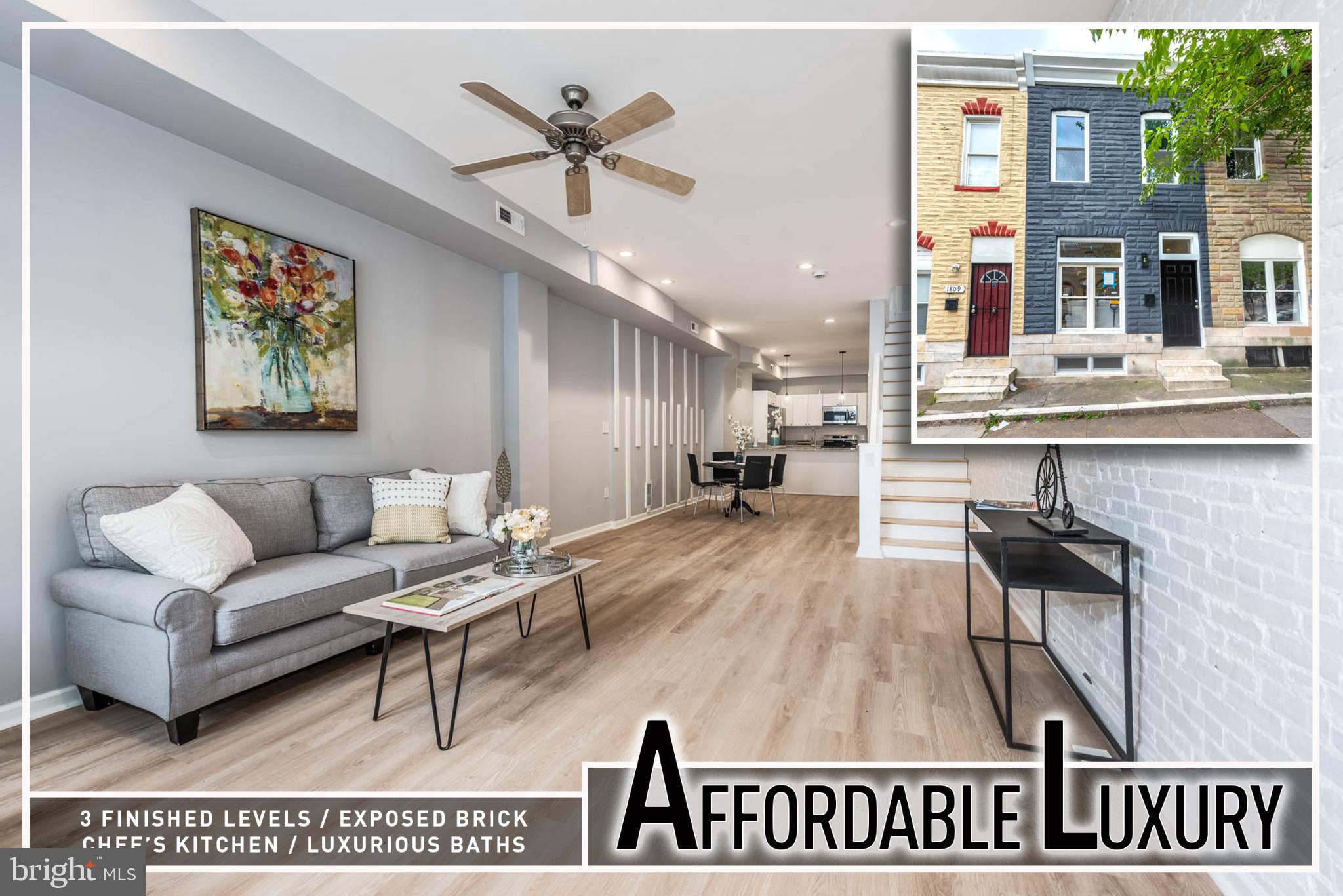 Beautifully renovated rowhome in Broadway East showcasing three fully finished levels designed for modern living. The inviting open floor plan welcomes you with rich wood flooring that flows seamlessly throughout, a spacious living and dining area accented by exposed brick and a custom feature wall, and large windows that flood the space with natural light. The gourmet kitchen is a true centerpiece, offering sleek stainless steel appliances, granite countertops, plentiful cabinetry, and stylish finishes that make it both functional and eye-catching. A convenient main level half bath adds extra comfort for everyday living and entertaining.
Upstairs, retreat to the Primary bedroom suite complete with a private ensuite bath, while a second generously sized bedroom and a full hall bath provide plenty of space for family or guests. The fully finished lower level expands the home’s versatility with a cozy den, a third bedroom, and a third full bath—ideal for a guest suite, home office, or recreation area. Out back, a private rear patio creates the perfect setting for outdoor dining, summer gatherings, or simply relaxing in your own urban oasis. With its thoughtful upgrades and stylish design, this home is move-in ready and waiting for you! Eligible for 10K Vacants to Value Grant!