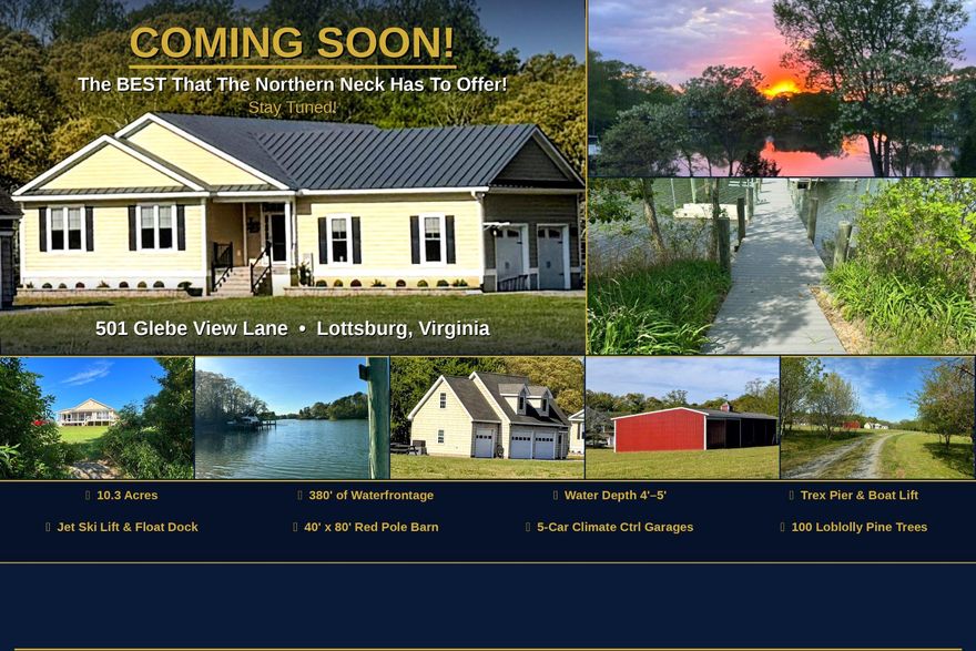 Waterfront Retreat on Porpoise Cove: The Ultimate Northern Neck Lifestyle

One-of-a-kind waterfront retreat sets on 10.35 private acres along the protected shores of Porpoise Cove with direct access to the Coan River, offering privacy, flexibility, and exceptional Northern Neck coastal living.  As you enter the gate, you are greeted by 100 hand planted Lobllolly Pine Trees that add so much charm to this Northern Neck Estate! 

The custom single-level dream home features an open floor plan with cathedral ceilings in the great room, 9-foot ceilings throughout, and large sliding glass doors that capture beautiful water views from the kitchen, great room, and primary suite. The kitchen is gourmet style, equipped with granite countertops, huge pantry, heated tile floors, a gas cooktop with center grill, French-door double oven, warming drawer, sliding glass doors and automatic shades.  

The spacious primary suite includes a private walkout deck overlooking the water and a spa-style bath with a soaking tub, separate shower system with gorgeous tile, and heated tile flooring. Two additional bedrooms each offer walk-in closets and private baths, while a screened porch with a gas fireplace creates a comfortable space to enjoy the waterfront setting year-round.

The carriage house is simply gorgeous inside! Renovated in 2024, it  includes a full bath, mudroom entry with washer and dryer, and a finished three-car climate-controlled garage with a separate workroom. The impressive 40'×80' pole barn offers outstanding storage for boats, equipment and recreational vehicles!

This home is situated on an elevated point with a private pier featuring a boat lift, jet ski lift and floating dock. Everything is in place for you to start making memories with your family and friends! The dock is all set up with water, electricity, and a fish cleaning station.

 Breathtaking views meet ultimate luxury in this premier Northern Neck Estate!

The septic system never needs cleaning and is rated for 5 bedrooms. There is an Aquasana water filtration system for the main house.  The main house is equipped with a Rinnai continuous hot water recirculating system that fills the master bath tub easily. 

Beyond the property lines lies the Northern Neck, a coastal peninsula steeped in history and revered for its peaceful, rural lifestyle. Bounded by the Potomac River, the Rappahannock River, and the Chesapeake Bay, this region offers a rare escape from the hustle and bustle of city life. Here, traffic lights are scarce, and the rhythm of life is dictated by the tides and the seasons. 

The Northern Neck is a paradise for outdoor enthusiasts. The Coan River and surrounding waterways provide sheltered locations for boating, kayaking, and paddleboarding. Anglers will find abundant opportunities to fish for striped bass (rockfish), speckled trout, and flounder, while the winter months offer excellent conditions for tonging oysters. Whether you are casting a line at dawn, setting crab pots from your private pier, or simply watching bald eagles and great blue herons from your screened porch, the connection to nature is profound.

This region is the birthplace of three of the nation's first five presidents: George Washington, James Madison, and James Monroe. From the George Washington Birthplace National Monument to Stratford Hall , the ancestral home of the Lee family...you can tour them all at your own leisure. 

Living in the Northern Neck means embracing a community that values a slower pace of life. Conveniently located near Heathsville, Callao, and Kilmarnock, residents enjoy easy access to charming local shops, antique galleries, and dining options that highlight fresh, local seafood. It is a place where you can truly unwind, and enjoy the ever-present beauty of the water and Northern Neck Cotton Candy Skies! With no HOA , you may want to have a couple short term rentals here. This property offers everything you could want! (Fast Internet-Starlink )