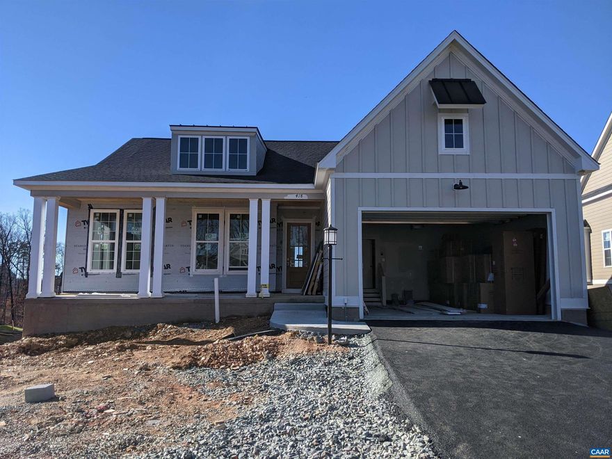 NEW CONSTRUCTION! Enjoy Virginia living at its finest in beautiful Glenmore, with miles of trails for hiking and biking, the Glenmore Club for tennis, swimming, golf and socializing, and majestic neighborhood views for taking in the beauty of Glenmore - all a short drive from Downtown Charlottesville. 10? Ceilings on the Main Level and 7? Windows bring the outside in and make this low-maintenance, one-level-living home feel full of light and life! Cozy up and enjoy the solitude of your private covered deck, by your double-sided indoor/outdoor fireplace, or make your home a destination for loved ones! The finished walk-out basement with 9? foundation walls offers room for your whole crew to spread out and play with the addition of a Rec Room, Den, and full bath, while also leaving plenty of space for storage. The Gourmet Kitchen boasts upgraded GE Appliances, Grey Lagoon Quartz Countertops, a large Island, and plenty of pantry and counter space. HOA covered lawn-care, main level laundry, and easy-care finishes mean that you can spend less time on chores and more time living life!  Current Estimated Completion January 2022. Similar and Under Construction Pictures.,Granite Counter,Maple Cabinets,Painted Cabinets,White Cabinets,Fireplace in Great Room