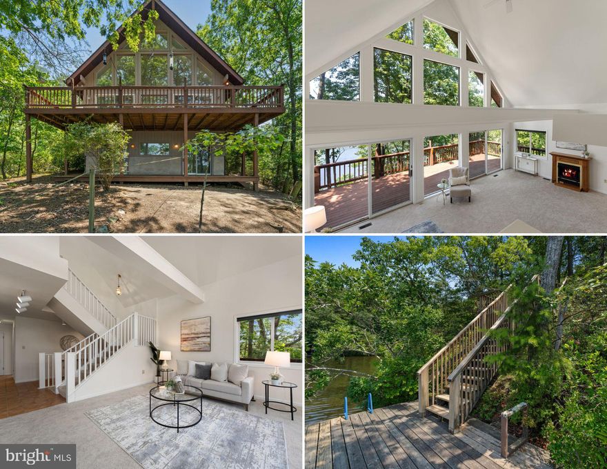 Welcome to your dream contemporary waterfront, nestled among lush trees for tons of privacy, with waterfront footage over 640 ft on Lake Lariat! This home boasts 4 bedrooms and 3 full bathrooms with a picturesque blend of luxury and nature! Make your way up the steps to the front door, soaking in an expansive wrap-around deck and water views.  Enter the front door to tile flooring that brings you into the great room. STUNNING great room with vaulted ceilings and massive windows flooding the space with tons of natural lighting. Two sets of sliding glass doors in the great room leading you out to the wrap-around deck with your breathtaking views of Lake Lariat. The main level also features a kitchen with a cozy dining area, and door taking you to a charming screened-in porch, perfect for enjoying your morning coffee or serene evening dinners. You'll also find two spacious bedrooms, a convenient coat closet, and a full bathroom on this level. Head to the upper level where the large loft primary bedroom awaits. This space includes a sitting area, an attached primary bath, and a generous walk-in closet! Bring the party to the lower level which features an open rec room with another sliding glass door leading to the covered lower deck. This level also has an additional room that can be used as the 4th bedroom, full bathroom, laundry room, bonus room with built-in cabinetry, and a utility room great for additional storage, and connecting to the oversized 3-car garage. Above the garage, a finished upper-level loft providing even more storage space!!!! The storage options are endless at this home! But wait… there’s more! Step outside and stroll down your own private pier to access the Lake, perfect for fishing, kayaking, paddle boarding, and more. Located just a 10-minute drive from Solomons Island and within walking distance to the community beach, playground, and other amenities. This home offers the perfect balance of peaceful seclusion, waterfront living, and convenient access to local attractions. Don't miss the opportunity to make this home your own!