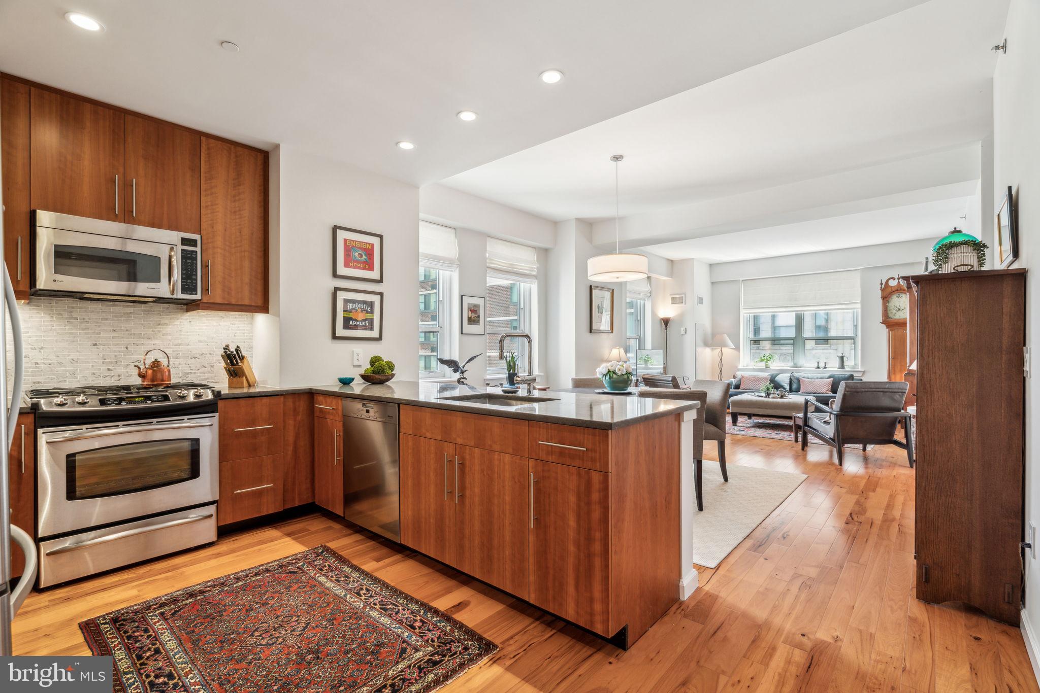 Experience upscale city living in this oversized 2-bedroom, 2.5-bath corner unit at the prestigious Aria, located in the heart of Center City. This bright and airy residence features soaring ceilings, gleaming hardwood floors, and oversized windows that flood the space with natural light.
The open-concept living and dining area flows into a gourmet kitchen equipped with granite countertops, custom wood cabinetry, stainless steel appliances, gas cooking, and a breakfast bar—perfect for entertaining or everyday living.
The expansive primary suite includes generous closet space and a spa-like marble bathroom with a double vanity, soaking tub, and glass-enclosed shower. The second bedroom is equally spacious, with its own deep walk-in closet and access to a stylish full bathroom.
Enjoy luxury amenities including a 24-hour doorperson, state-of-the-art fitness center, resident lounge, pet spa, and bike storage. Parking is available in nearby public garages.
Just steps from Rittenhouse Square and the Avenue of the Arts, you’ll be surrounded by world-class dining, shopping, entertainment, and cultural attractions—with SEPTA, PATCO, MFL, and BSL lines right at your doorstep.