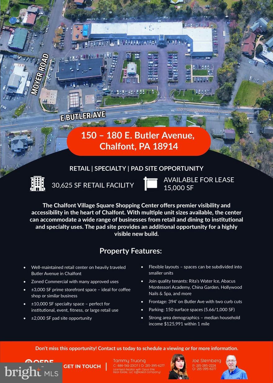 2 retail storefront with good set up for coffee store, excellent specialty space with large auditorium and pad site available as well.  High visibility shopping center.