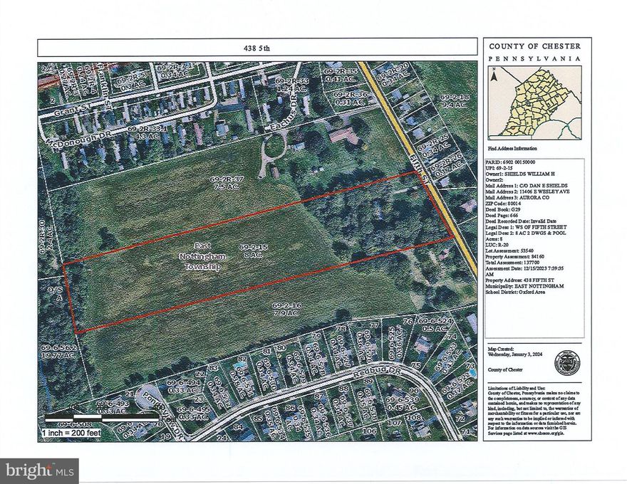 8 +/- Acres land in Southern Chester County well situated near schools and other developed property. An adjoining 7.9 +/- acres is also available for sale. The combination of these two properties have potential for a nice small community or an expansion of the adjoining Twin Ponds neighborhood. Please check with the  township directly with any zoning questions. Public water and sewer are nearby. There are two homes on the property. They are not habitable.  Do not enter either homes.