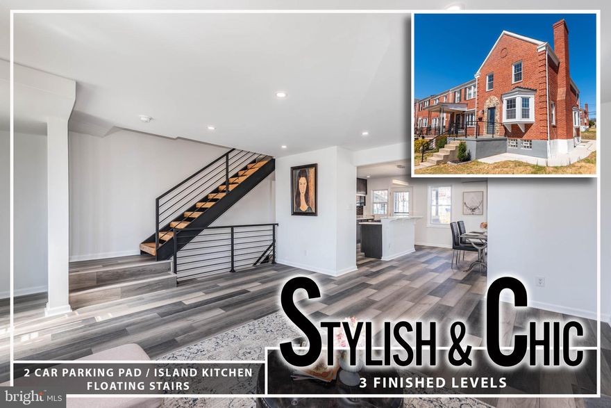 Step into this beautifully renovated, modern minimalist end-of-group rowhome, where every detail has been thoughtfully curated for comfort and style. The open floor plan creates a seamless flow from room to room, with luxurious LVP flooring that spans the entire home, adding a sleek and contemporary touch to every space.  The living area is the perfect blend of warmth and sophistication, highlighted by a stunning mosaic tile fireplace that adds both visual interest and a cozy ambiance. An electric outlet is conveniently integrated, allowing for easy setup of your entertainment center or additional features. The floating stairs create a striking focal point, enhancing the airy, open feel of the home.  At the heart of the home is the island kitchen, designed with both beauty and functionality in mind. The sparkling Quartz countertops offer ample space for meal prep, while high-efficiency Whirlpool appliances provide top-notch performance for the modern chef. A spacious pantry, tucked behind a charming barn door, ensures plenty of storage for all your kitchen essentials.  The primary bedroom suite is a true retreat, with a spacious walk-in closet and an en-suite bath that feels like a spa. Enjoy the luxury of a glass walk-in shower with a mosaic tile surround, offering a sophisticated touch of elegance. A heated towel rack adds a layer of comfort, perfect for chilly mornings.  The finished lower level expands the living space, featuring a cozy family room, a third bedroom for guests or family, and a third full bath with stylish finishes. Whether you're hosting friends or relaxing in privacy, this space provides versatile options for any need.
Convenience is key with driveway parking for two cars, eliminating the hassle of street parking. The home is equipped with a multi-zoned mini-split system, featuring five wall-mounted units that offer individualized comfort in every room, ensuring perfect temperature control throughout the year.  This home is the perfect blend of contemporary design, functional space, and modern amenities, making it an absolute must-see!