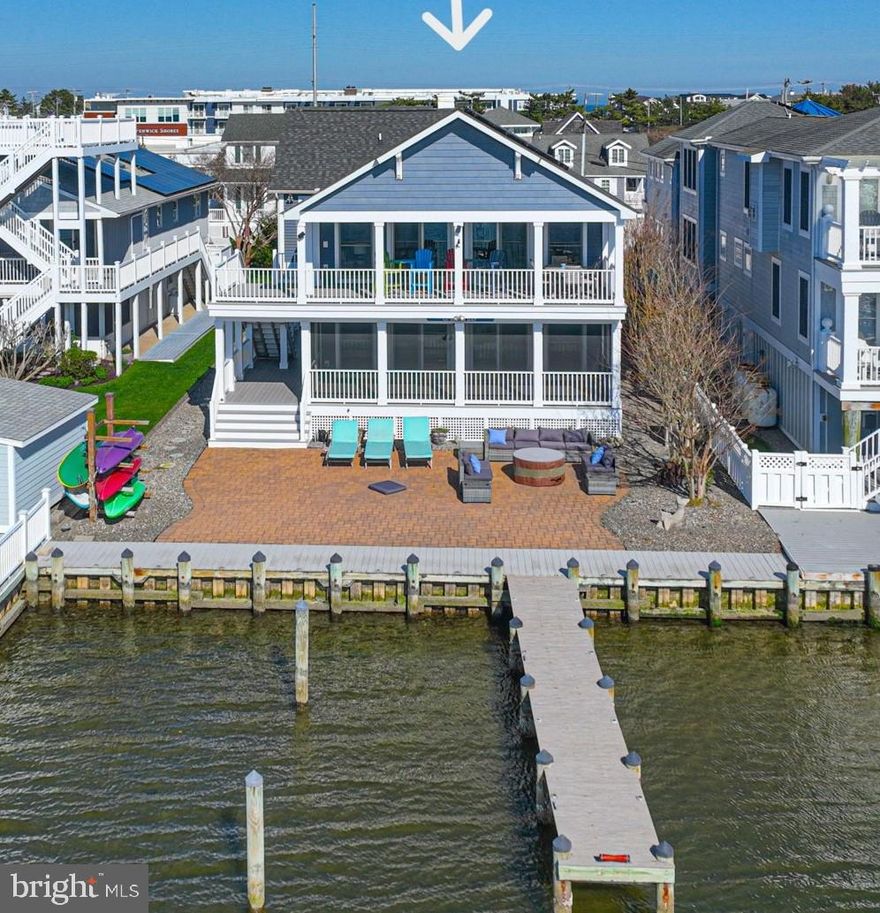 Bayfront and just a short walk to the beach—rarely available and highly sought after! Custom-designed coastal home ideally positioned on the north end of Fenwick Island, offering the best of bayfront living with easy beach access. This beautifully appointed 4-bedroom, 3.5-bath residence features a private dock, 2-car garage, and expansive water views from nearly every angle. The top-floor main living area is designed to maximize light and views, with a spacious great room flowing seamlessly into a gourmet kitchen with high-end finishes, center island, and open dining area. Step outside to covered and open decking—perfect for entertaining or taking in breathtaking sunsets over the bay. This level also includes a primary suite with private bath, plus two guest bedrooms and a hall bath. The first level offers exceptional flexibility, featuring a second primary grand suite with lounge area, walk-in closet, and spa-like bath with tiled walk-in shower and dual vanity. An additional living area, powder room, and laundry room complete this level—ideal for guests or extended stays. Outdoor living is unmatched, with a private dock, covered porch, screened porch, and multiple decks designed to capture the waterfront setting. Low-maintenance hardscaping, outdoor shower, spacious garage, and elevator shaft (ready for future installation) add convenience and value. Sold mostly furnished for a turnkey experience. Enjoy walking or biking to Fenwick Island’s shops and restaurants, or take your boat out for sunset cruises, waterfront dining, fishing, or crabbing. Embrace the beach town living. Private showings only by appointment.