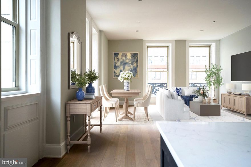 Above the historic Bellevue Hotel, a new chapter of sophisticated living unfolds. The Bellevue Residences are more than homes; they embody the prestige of a celebrated landmark while embracing the comfort and style of modern design.

This collection of fully renovated studio, one-, two-, and three-bedroom residences combine timeless architecture with contemporary finishes. Expansive layouts feature soaring ceilings, oversized bay windows, and sunlit interiors that showcase the building’s craftsmanship.

Each residence has been meticulously designed with functionality in mind, offering spaces that are both practical and refined. Living areas feature white oak flooring, classic mouldings, and Art Deco-inspired lighting. Kitchens offer quartz countertops and backsplash, stainless steel appliances, open shelving, and islands with additional storage. Baths evoke a spa-like retreat with reeded oak vanities, quartz tops, and glass-enclosed showers. Generous storage and in-home washer/dryers ensure modern comfort throughout.

Life at The Bellevue is enriched by extraordinary amenities. Residents enjoy complimentary membership to The Sporting Club, a 100,000-square-foot destination with a rooftop terrace, private pool, basketball court, state-of-the-art fitness center, golf simulator, game room, barber shop, café, and more.

Located minutes from Rittenhouse Square, The Bellevue Residences offer effortless access to world-class dining, premier retail, cultural venues, museums, spas, and nightlife. 30th Street Station is less than 10 minutes away, public transportation is nearby, and the Schuylkill River Trail and nearby dog park are within an enjoyable walk. Parking is available for an additional fee.
For a complete list of available homes, please contact the listing agents. Select photos may include model units.