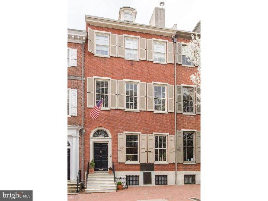 Magnificent John Penn House-Mansion Row. George Washington made his head quarters on this site over the winter of 1781-82. The current home was rebuilt on the same foundation in 1830 in the popular Greek Revival style. Rarely does a home with this historical provenance & size, come on the market. A total $1M dollar restoration of the highest quality & attention to historical detail completed in 2002. 242 is on the National Historic Register, the Philadelphia Register of Historic Homes, & is comprised of 4 stories, 14 rooms, 7 BR, 4 full bths, 1 half bth, 8 FPL (3 functioning), Grand Ball Room, library/office, formal dining rm, formal living rm, study/den, cust eat-in kitch. This home offers over 6650 sf (per appraisal) of living space all of which are impeccable w/stunning detail. There is 1900 square feet of basement space. The lot is a dynamic 24.41' (Wide) X 125.41' (Deep). This home also offers 3 zone A/C, 3 zone heating system w/central Weil McLean gas boiler & humidification system. Original Heart Pine fls. 1st Floor: Formal Parlor (15' X 24')  14' ceilings, gas burning  mbl FPL, period light fixture, crown moldings, Bradbury wall coverings, FDR (16' X 24'), exquisite Marie Theresa 29 light chandelier, Bradbury wall coverings, tall windows overlooking gdn. Den/fam rm (14' X 20') w/ wood burning FPL open to huge   cust kitch (15' X 23') w all cust cabinetry, Dupont Zodiac Quartz counters, stainless apl incl DCS 36" six burner gas range, built-in 42" Kitchen Aid refrig & D/W, rear breakfast area-center-island, door to side gdn for outdoor dining. 2nd Floor: Grand Ball Room (24' X 24') w/ 14 ft. ceilings, three 7.5' tall windows overlooking 3rd St., period light fixture, mbl gas FPL, period crown moldings Library/office (17' X 24' could be large BR w/half bth) attached book shelves, plumbed for future wet bar.The rear of this floor is a 43' triple BR suite-sitting rm, gas burning King of Prussia FPL, dressing rm, BR-lovely tiled bth w/shower stall. 3rd Fl: Lux MBR Suite, spa bth (14' X 17'), glass encl free standing shower stall, soaking tub-dbl sinks-limestone counters, Groehe fixt, bidet, lndry closet-full sized Maytag W/D (gas), cust his/hers walk-in closets, MBR (15' X 24') 11 ft. ceilings, gas burn King of Prussia mbl FPL, Bradbury wall coverings. Next to MBR suite is an (8' X 18') rm for nursery, walk-in closet, small BR, extra storage. 4th Fl: 3 sunny rms for guests, storage, + a full tiled hall bth. 2 years pre-paid parking with acceptable offe