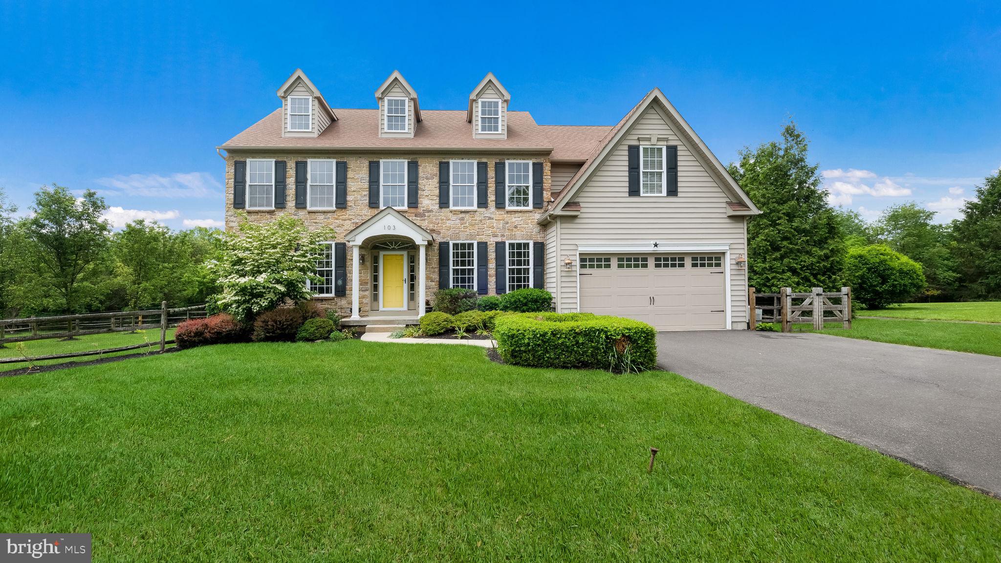 Welcome to this stunning stone-front 4-bedroom, 2.5-bathroom Colonial in Equestrian Court. Covered front entry with a custom front door with transom windows opening to a 2-story entry with ceramic tile floor & custom molding. Study with chair rail, crown molding & ceramic tile floor. Formal Living room with coffered ceiling, recessed lighting, and hardwood flooring that continues into the formal Dining room with chair rail, coffered ceiling, recessed lighting, and custom chandelier. Stunning, updated Kitchen with crown molding, recessed lighting, center island/breakfast bar with custom pendant lighting, granite countertops, ceramic tile backsplash, ceramic tile floor, and stainless steel appliances, including a built-in dishwasher (2023) and a gas range with a built-in overhead microwave (2023). Breakfast room with large sliding glass door opening to a large 20 x 15 composite TREX deck overlooking a private, fenced rear yard (new fence posts & gates installed in 2023). Family room off of Kitchen with ceiling fan, crown molding, recessed lighting, hardwood floors & gas fireplace. Turned staircase in Foyer leads to the 2nd floor featuring a Primary Bedroom Suite with recessed lighting, ceiling fan, wall-to-wall carpet, walk-in closet, a large sitting room, and a Primary bath with ceramic tile floor, double vanity, soaking tub with ceramic tile surround & extended walk-in shower. with glass door & tiled walls & floor. 2nd & 3rd bedrooms offer crown molding, ceiling fan & wall-to-wall carpet. 4th bedroom offers ceiling fan & wall-to-wall carpet. Full hall bath with tiled floor, double vanity, and tub/shower combination. Convenient 2nd floor Laundry room with vinyl flooring & built-in cabinetry. Full Attic with drop-down stair access from the Laundry room. Full, finished Basement with walk-out Bilco doors, ceramic tile floor & recessed lighting. 2-car Garage, Whole house Generac generator. New A/C compressor (2024). This beautiful custom home situated on a very private lot backs to the 10-acre Special Equestrian Center.