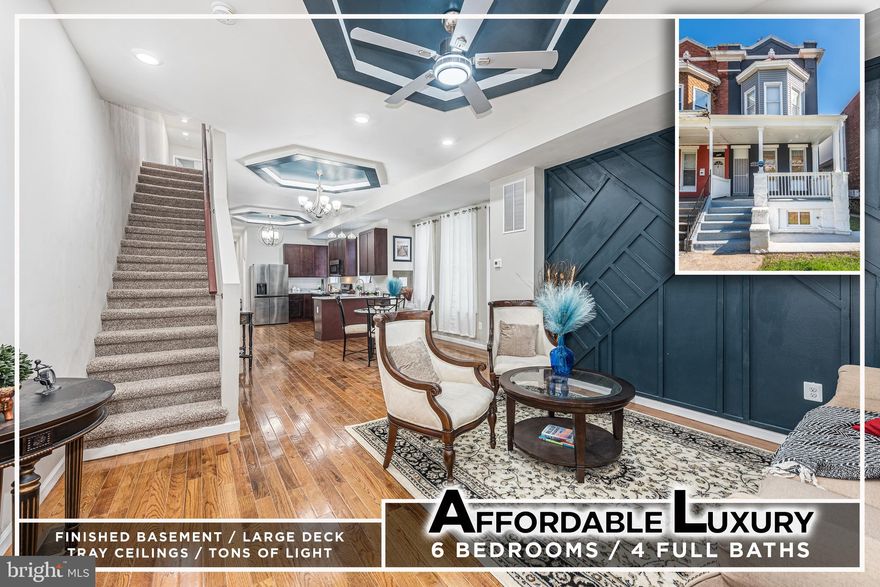 CUTTING EDGE DESIGNER RENOVATION WITH APPROXIMATELY 2,400 SQ. FT. OF LIVING SPACE!  This semi-detached porch front home offers tons of natural light, an open floor plan with hardwood flooring throughout the main level, a spacious living room with a custom accent wall, an eat-in Chef's kitchen with ss appliances, & granite counters, a main level bedroom with a full bath, upper level Primary bedroom suite with a full bath with double sinks, and 3 additional bedrooms with a hall bath, dual zoned heating and air for optimal comfort, a fully finished walkout lower level with a generously sized family room, a sixth bedroom, and 4th full bath, a spacious rear deck, and off street parking!  This one truly has it all!  Conveniently located minutes from the amenities of Druid Hill Park and quick commute to 83!