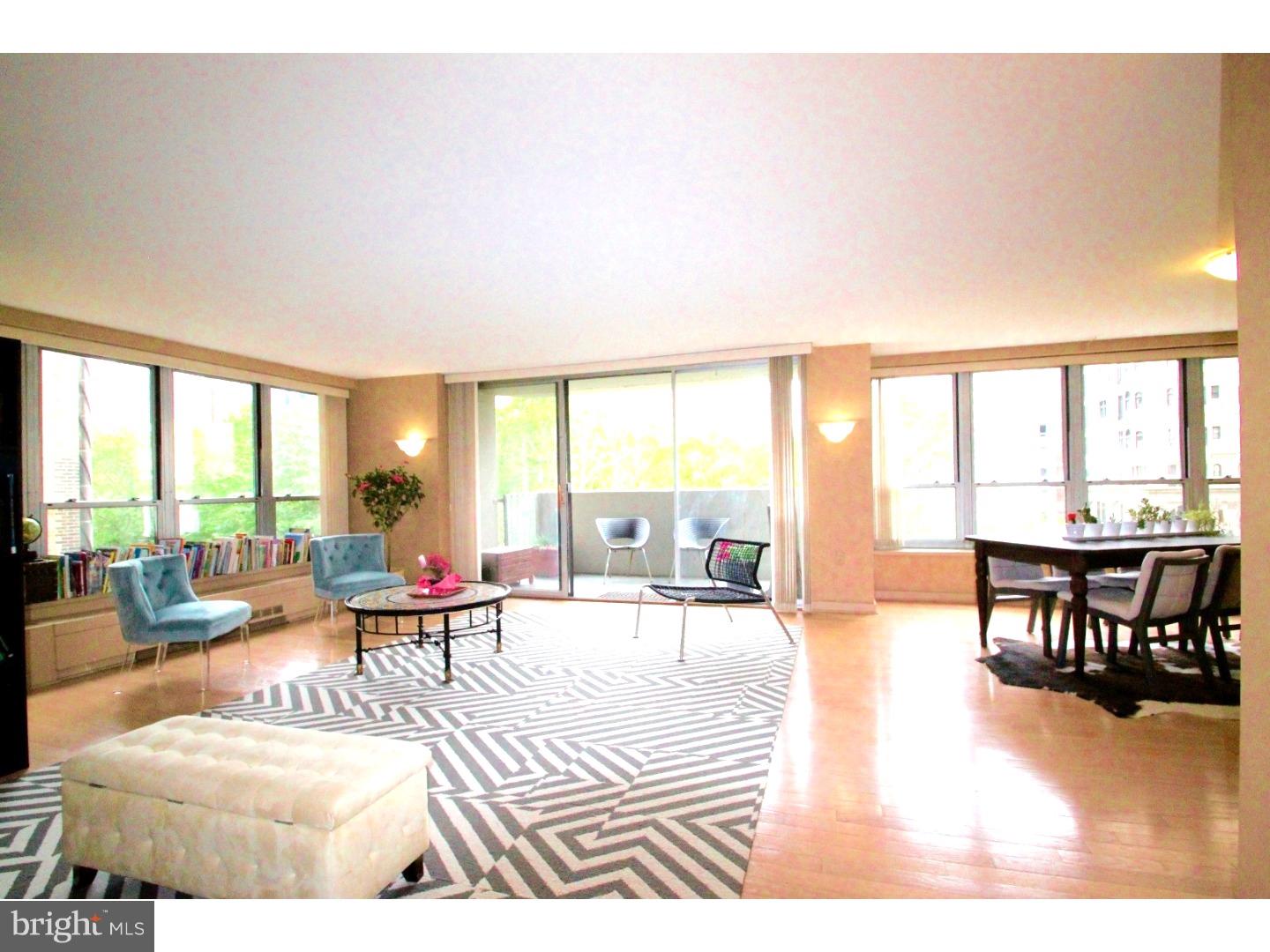 Amazing 3 bedroom 3 bath luxury condominium with panoramic treetop views of Rittenhouse Square Park & The Center City Skyline.  The extraordinary combination of two units provides approximately 2700 square feet of living space with two private balconies in the coveted Dorchester Building.  The spacious fully equipped eat in custom kitchen has a built in workspace, a center island, updated appliances, and under cabinet lighting.  There is a separate dining area, an incredible great room and a second living area that might be used as a formal sitting area or media room.  The formal sitting room, kitchen, dining area, & great room are filled with natural light and overlook The Square.  There are two large bedrooms, one is en-suite with a walk in closet, the other as a full hall bath.  The master bedroom suite has a whirlpool rub, tile shower, walk in closet, and a separate sitting area.  Private laundry room/storage room in the unit.  Conveniently located with easy access to restaurants, highways, bike path, shops & library.  Parking garage currently $253 per month based on availability.