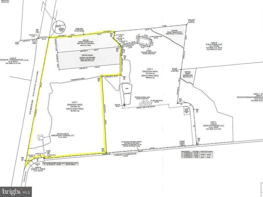 Lot 1 is +/- 86 acres of prime development land in Kent County's Rt. 301 Growth Corridor.  With +2,500 ft along Rt. 301 and 1,295 ft  along Carroll Clark Rd, this property offers easy access to Middletown, DE and Rt. 1.  The property is zoned Employment Center and qualifies for Kent County and Maryland State incentives. Approximately 46 acres are currently in ag use. There is  a cell tower on the property with no annual income. The property is partially wooded with +/- 19 acres in Forest Conservation.