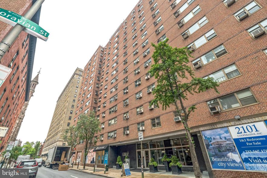 Terrific  Central Location  for this 2 Bedroom, 1 Bath, 937 square foot Coop at 21st and Walnut with access to restaurants and shopping.  The unit has Eucalyptus wood floors in the Living/Dining combination and in the Bedrooms.  The Kitchen has oak flooring.  There is a full Hall tiled  Bathroom with tub. The unit has a western view.  The seller  will offer a $1500 paint allowance.  The first Philadelphia Coop, 2101 Cooperative, offers 24 hour Security &  Doorman, On-Site Management & Maintenance ,  Laundry Facilities, Bike Room and a Meeting room.  There is  a  Rooftop Garden with spectacular city view.  The Coop also has a garage with valet parking available for $90 per month.  The monthly coop fee includes all utilities : electric, heat, air conditioning, water and basic cable, plus all real estate taxes.  The units are purchased cash only and the building is owner occupied, no renting. Two cats, a caged Bird and Fish are allowed.