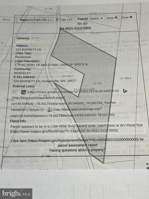 Vacant Land For Sale - 103 Barrett Lane<br/> Berkeley County, HEDGESVILLE, WV 25427