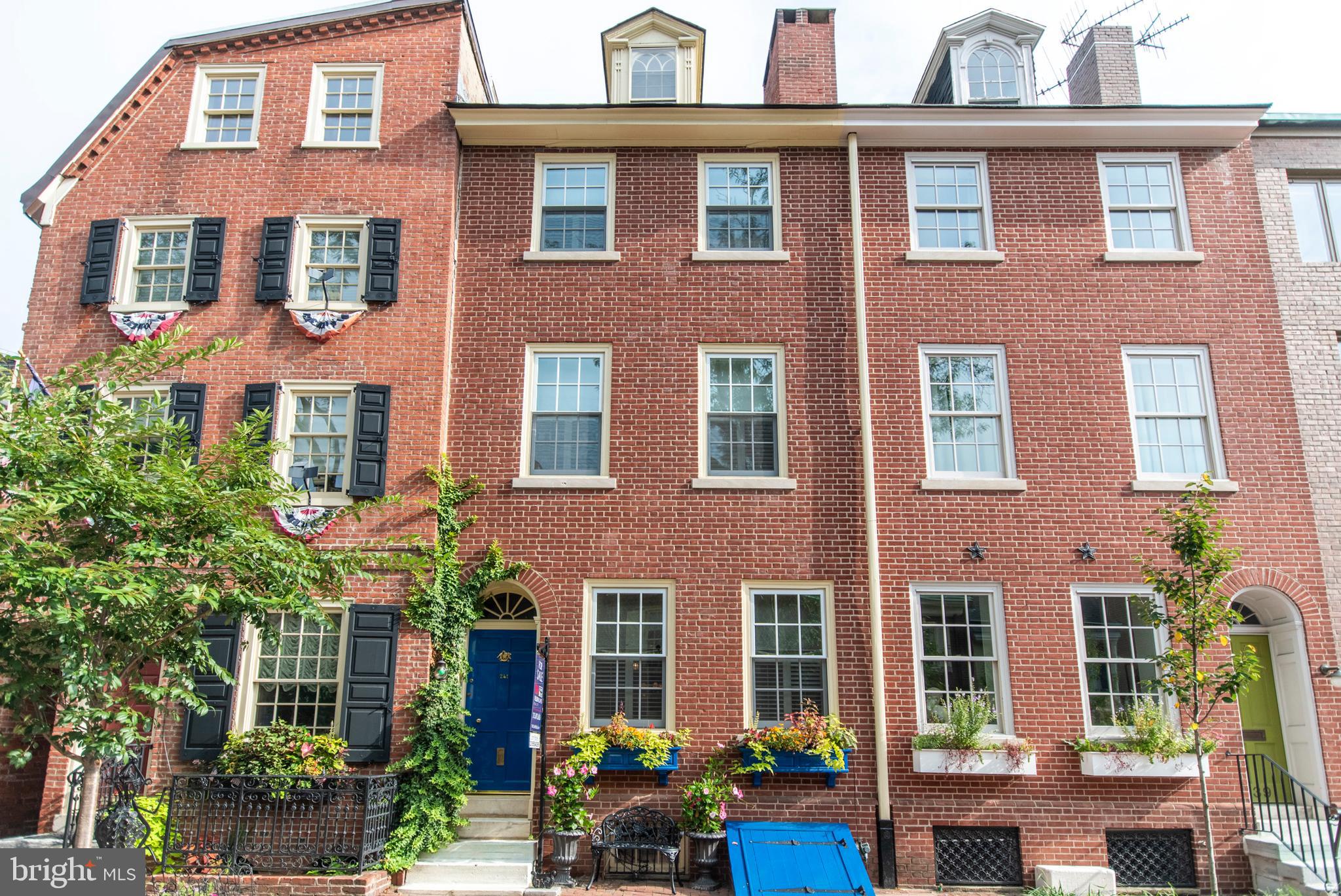 MOTIVATED seller!! Grand historic Joseph Wetherill House (c. 1800-10)located on iconic cobblestone street in Phila. English garden leading to deeded 1 car Gated PARKING. This 4 bedroom, 2.5 bath home has been fully renovated with incredible Historic character and detail throughout. New electrical, plumbing, windows and door. High ceilings, exposed brick, unique floor plan, 7 fireplaces, historically significant Wellford mantelpieces, beautiful large formal dining room, powder room and large sun drenched kitchen with high end appliances include sub zero refrigerator, 2 ovens, warming drawer, eat in bar with skylights and lovely view of English garden with historic Harry Lauder Walking Stick tree. Second floor Master Suite with luxurious 4 piece bathroom, claw foot tub, heated marble floors, and gas fireplace. Third floor boasts 2 bedrooms with Jack and Jill bath each equipped with fireplaces. Front bedroom has window seats and back room has views of Custom House. Fourth floor can be used as a large bedroom or family room with ample closet space. Finished basement area makes another bonus entertainment room plus large storage area. This home is impeccably maintained and located blocks from Head House Square, great restaurants, Three Bears Park. 98 walk score. Note - Robert Wellford mantels have been appraised at well over $100,000. This home is designated to the original Philadelphia Historic Register. A 7 year tax abatement remains on this home. Listed square footage is from 2015 floor plan prior to renovation. Approx. 3050 Sqft. Owner is licensed realtor. This link is a walk through video of the home. https://drive.google.com/file/d/1j1hQMHqkXjhbsIWOzHI1JqFbblqSiree/view?usp=sharing You will need to copy and paste the link to view