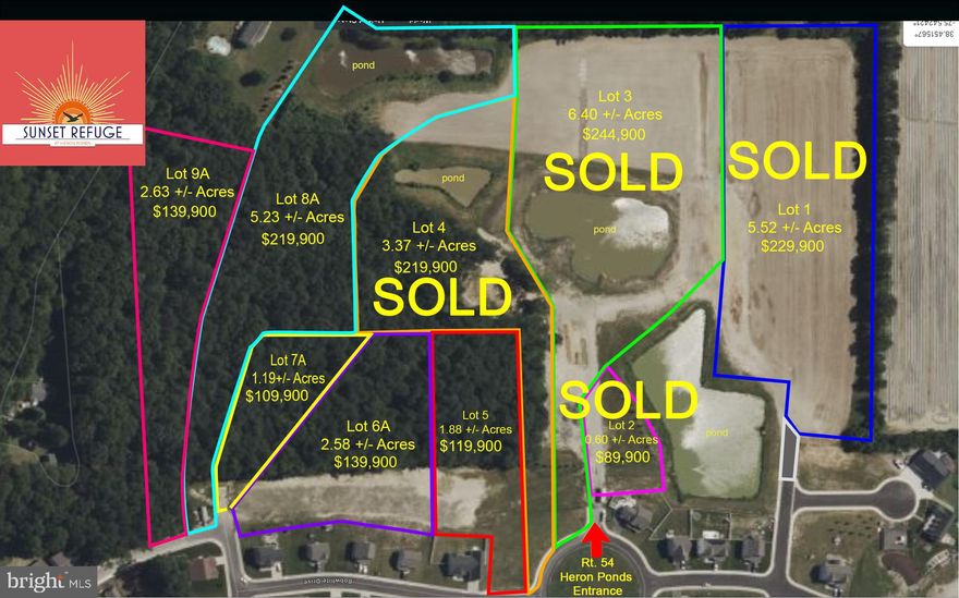 LOTS 1-4 ARE SOLD!! Lot 7A Sunset Refuge 1.19 Acres - Delmar's newest and most incredible housing subdivision!  9 estate sized lots on 30 Acres! Want acreage and a picturesque country setting but want to be close to everything, be in the Delmar School District, AND pretty close to the Beach? Want to see sunsets you never imagined were here in Delmar? Hard to believe, but you found it!! Delmar's best large homesites ever available! Never offered before and nothing like it has been available in Delmar ever! These estate sized home lots range from 0.68-6.32 Acres and are served by public water & sewer, so no hassles of septics and wells. The site is a total of 30 Acres of Natural Beauty, surrounded by trees. While many country lots may sit near poultry houses and undesirable visuals, Sunset Refuge is exactly the opposite! It's a getaway from everything, a slice of serenity, like living on a nature preserve. Absolutely beautiful natural setting with a variety of ponds, elevated berms creating scenic vistas, wooded seclusion, natural grasses, open spaces, and best of all there are phenomenal Sunsets here nightly! Plus it's walking distance to the new Oaked 54 Whiskey & Wine Bar Restaurant that just opened! This very unique opportunity truly provides the best of two worlds. You get stunning country style lots with privacy, plenty of space, and NO HOA, but you are nestled behind the Heron Ponds community, so there will be plenty of friends and neighbors close by for get-togethers. Access to the community is through Heron ponds so you also enjoy the benefits of sidewalks, streetlights and great places to walk and ride bikes nearby on the streets of Heron Ponds.  Yes, you read that right...NO HOA! This is a separate subdivision, which was previously approved for 90 homesites, but will be offered now as 9 premium estates. LOCATION, LOCATION, LOCATION!! This is prime time close to everything AND is in the AWARD WINNING DELMAR SCHOOL DISTRICT! Enjoy the freedoms that come with a rural setting, but the connections of friends and convenience at your fingertips! (**Lot 1: SOLD!!! 5.53 Acres) (**Lot 2: SOLD 0.60 Acres) (**Lot 3: 6.40 Acres, SOLD ) (**Lot 4: 4.04 Acres SOLD ) (**Lot 5: 1.88 Acres, partly wooded, partly clear, access off Bobwhite Dr.) (**Lot 6A: 2.58 Acres, partly wooded / partly clear, access off Mourning Dove Way) (**Lot 7A: 1.19 Acres,  mostly wooded, access off Mourning Dove Way) (**Lot 8A: 5.23 Acres, large private pond, mostly wooded with clearings around the pond, access off Song Sparrow Cir.) (**Lot 9: 2.63 Acres, wooded, access off Song Sparrow Cir.)  HOME / LOT PACKAGES MAY ALSO BE MADE AVAILABLE SOON!  SO STAY TUNED OR REACH OUT TODAY! Agent related to seller. Seller is a licensed Agent. Impact/tie in fees to the town of Delmar are currently $11,000. There are only a handful of these lots available, so don't hesitate and let someone else live your dream!  Photos show all lots, see labels. Lots 6A, 7A, 8A, and 9A have some Forest Conservation area.