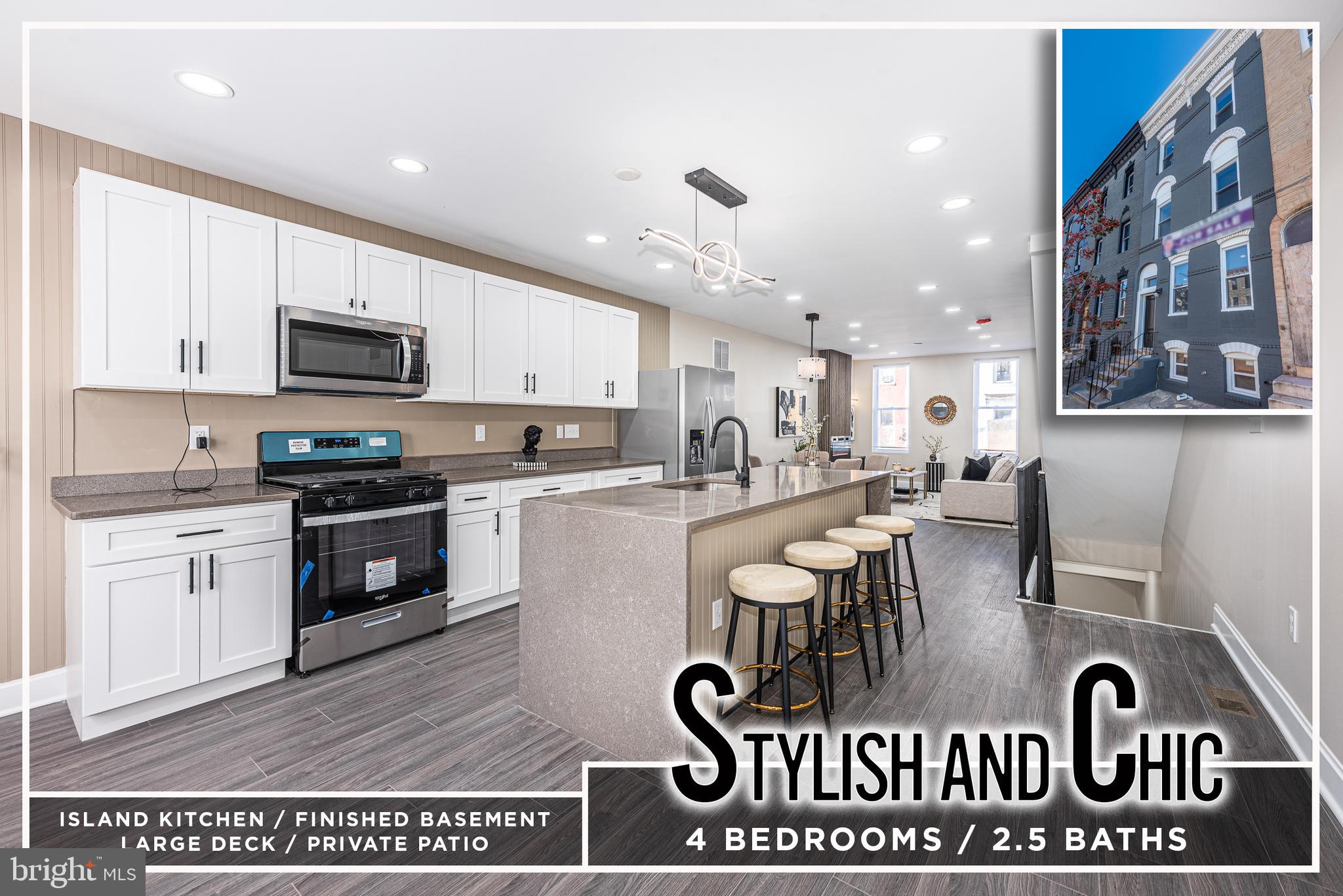 CUTTING EDGE DESIGNER RENOVATION WITH 4 LEVELS OF FINISHED LIVING SPACE! This 16 ft. wide rowhome features an open floor plan with wood flooring throughout, a spacious living room with an electric fireplace and a dining area, a gourmet island kitchen with Quartz counters & ss appliances, the upper 2 levels offer a total of 4 generously sized bedrooms with 2 full baths, a finished basement with a family room and a half bath, a rear deck and a patio with a privacy fence! Eligible for 10k Vacants to Value grant and 20k in closing cost assistance through the Southwest Partnership!