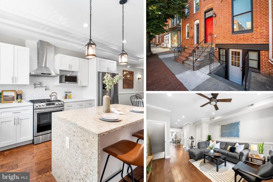 Prime 4-story Fed Hill CHAP Tax Credit property, saving you thousands for approximately 1.5 more years! (Most recent tax bill less the credit was $4,023, saving approximately $562/month or $6,744/annually. Buyer to verify time on CHAP left.) 15-ft wide home with an open main level, equipped with stunning walnut hardwood floors, powder room, large dining area, and quartz waterfall island in the kitchen. 2 bedrooms on the 2nd level, each with ensuite bathrooms. Laundry in hallway. Massive primary suite in the rear of the home with multiple closets and walk-in shower. 3rd bedroom or flex space on 3rd floor with access to recently stained rooftop deck, perfect for the 4th of July fireworks coming up! Oversized parking for 1 car in the rear of the home and easy street parking otherwise. Fully finished basement to be used as 4th bedroom, in-law suite, or a 2nd living room, equipped with a kitchenette and the 3rd full bath. Use it yourself or house hack and generate income by renting it out! (Was previously rented out for $1,200/month.) Fantastic opportunity in the heart of Federal Hill, don't miss out!