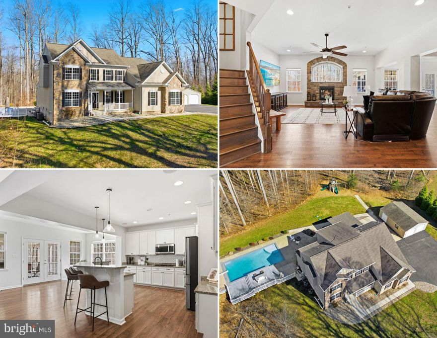 WELCOME TO YOUR DREAM HOME! Privately set on approximately 35 wooded acres in Northern Calvert County, this exceptional property offers a rare combination of space, privacy, and thoughtfully designed living through every corner! Featuring over 5,000 square feet, this Marrick Homes Grand Pinehurst model is complemented by a detached 24x32, a long private driveway, immaculate exterior care and hardscaping, a detached garage, and expansive grounds that provide both usable space and a peaceful, natural setting. Make your way up to the front door soaking in the desirable curb appeal with stone & vinyl siding and a welcome front porch. Inside, a bright and open layout welcomes you with a two-story foyer, 9-foot ceilings, LVP flooring, tons of recessed lighting, and well-appointed living spaces designed for both everyday comfort and entertaining. The main level includes an office, formal dining room, and a spacious family room anchored by a striking fireplace with stone surround and custom window detail. The kitchen is both functional and refined, offering granite countertops, a large island with breakfast bar, gas cooktop, double wall ovens, newer stainless-steel appliances, walk-in pantry, and a sun-filled breakfast area. Just off the kitchen, a screened-in porch overlooks the pool and backyard, creating a seamless transition to outdoor living. A main-level bedroom with a full bath and walk-in closet provides ideal flexibility for guests or multi-generational living, along with a mudroom and access to the attached 2-car garage! Upstairs, the spacious primary suite offers a true retreat a sitting area, an expansive walk-in closet, and an attached bathroom featuring dual vanities and an oversized shower. Upper-level bedrooms #2, #3, and #4 all equipped with ceiling fans and walk-in clients are all generously sized, including one with a private en-suite bath and two connected by a Jack-and-Jill bathroom. The upper-level laundry room includes additional cabinetry and storage for convenience. The fully finished lower level expands the home’s functionality with a rec room area with built-in shelving, wet bar with refrigerator, dedicated theater room, a home gym area, an additional bedroom, full bath, and ample storage space. The outdoor living is really the cherry on top… A heated 20x40 gunite pool serves as the centerpiece, surrounded by an expansive patio, fire pit area, and poolside bar… creating a private, resort-style setting ideal for entertaining or relaxing. The surrounding acreage offers endless possibilities for recreation, trails, or simply enjoying the natural landscape. Additional highlights include a 4-zone HVAC system with multiple thermostats, tankless water heater, NOVO 6-zone speaker system, attached 2-car garage, and no HOA. Conveniently located for commuting to DC, Annapolis, and NOVA, this is a rare opportunity to own a private, amenity-rich estate in a sought-after location in prime Calvert County!