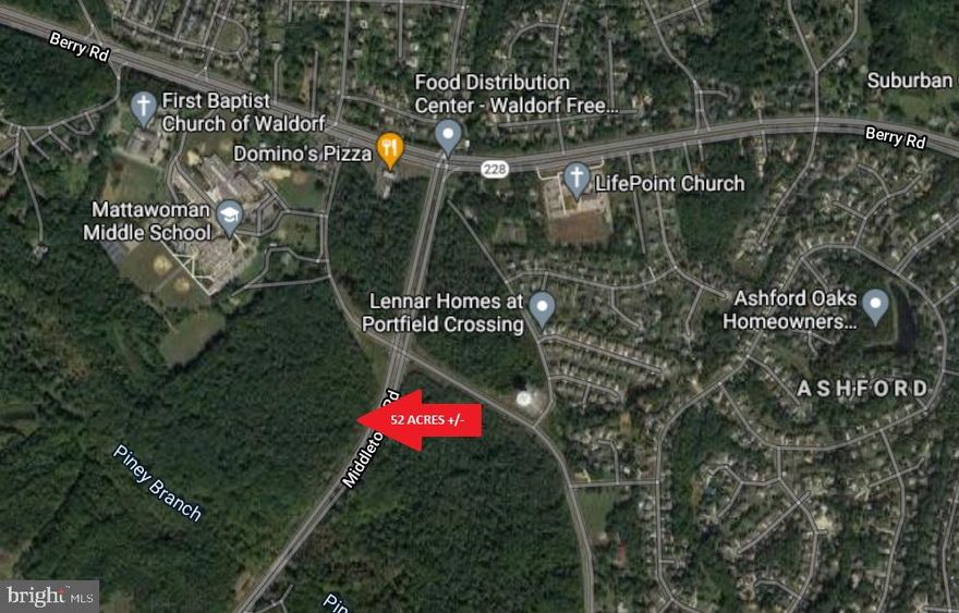 FIRST TIME OFFERED ON THE MARKET:  52 Acres +/- of Vacant Land located at the intersection of McDaniel Road & Middletown Road. Site located adjacent to Berry Elementary School & Mattawoman Middle School. Approximately 1,485 LF of Road Frontage Along Middletown Road and 400 LF of Road Front Along McDaniel Road. Zoned BP (Business Park). Public Water & Sewer Hook-Up Available Within Close Proximity.