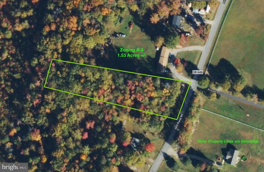 1.53 Acre +/- Residential Building Lot in Spotsylvania (Spotsylvania County) *A3 Zoning (Agricultural) *Paved State Maintained Roads *Electric Available *Approximately 138 feet of Road Frontage *No Percolation Tests or Septic Reports Available *Lot Dimensions are estimated via GIS *House setback requirements - 30 ft from front property line, 10 feet from both side lines, and 35 feet from rear property line *Many uses allowed by right with this zoning such as recreation, residential and many more (Documents and Online Resources Available) *4 Minutes (3 miles) to Oakley Forest Wildlife Management Area (Wildlife Refuge) containing 4,459 Acres for hiking, camping, wildlife viewing and hunting *20 Minutes to Route 3 (Plank Road Shopping *25 minutes to Central Park Shopping Center *30 Minute Drive to Downtown Fredericksburg  *Information is considered reliable but not guaranteed, all information to be verified by prospective purchasers. *Bring Your Builder or Ask for Recommendations. *Ready for your vision and enjoyment.