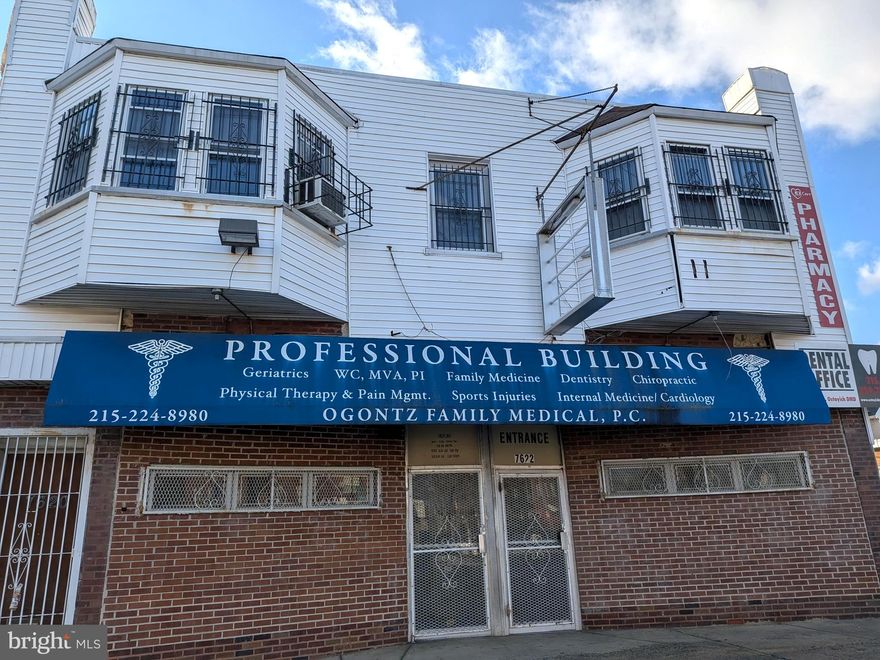 Great commercial property for multiple use in three separate properties:
7620 Ogontz: four units, each comprising two large rooms, auxiliary space, and a bathroom. Each unit has multiple uses for office and professional business activity. Separate entries. 
7622 Ogontz: multi-room space suitable for a doctor's office ( leased before to multiple physicians and as a diagnostic radiology facility), consisting of a total of eight offices, a waiting room, and radiology rooms.
7624 Ogontz: previously used as a pharmacy. That would be an ideal use for this space, consisting of a large waiting room, storage/office room, and a bathroom. This space could be utilized for multiple uses.
All the units are in good shape and in need of minimal adaptations to host your future business.