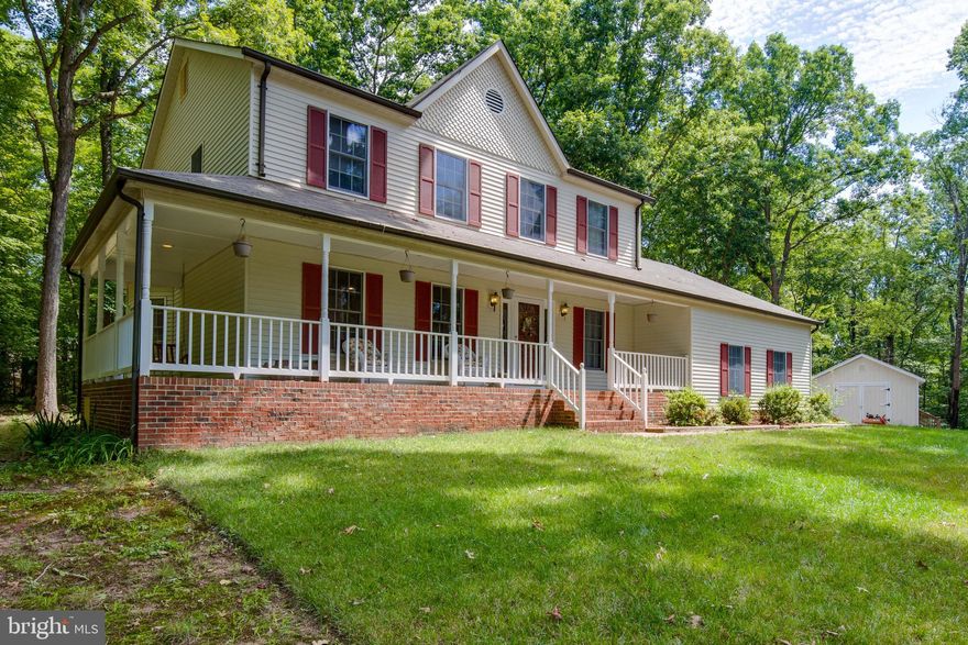 Private and wooded 3 bedroom 2.5 bath colonial on 3.5 acres on cul-de-sac. Home is light and bright with beautiful hardwood floors on main level, stainless steel appliances and granite counter tops in kitchen, and large bonus room on main level w/French doors. Wrap around front porch and large tier deck on rear makes this home picturesque. Storage shed a plus!   And, NO HOA!  New HVAC system to be installed week of 3/17.