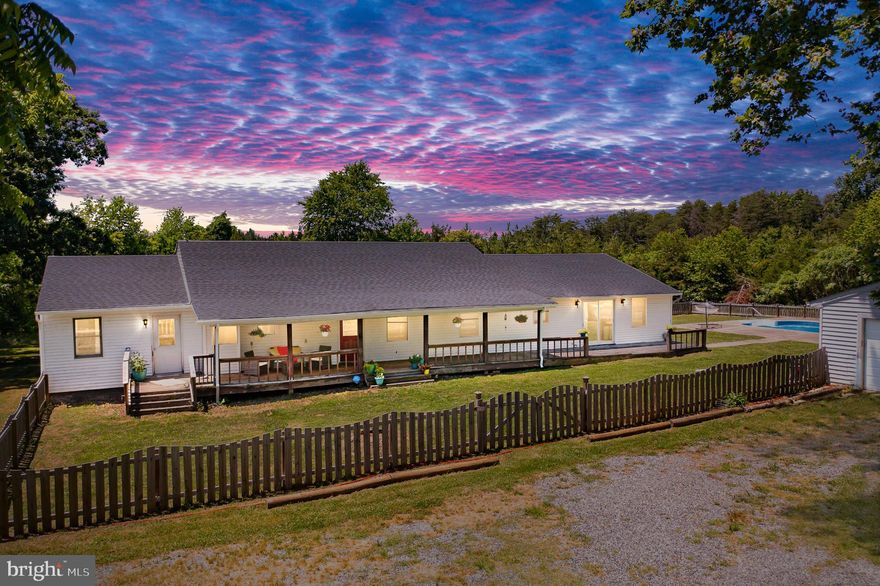 Farmette/ Lovely Home/ Tropical Oasis.  A MUST SEE! 

3000 sq ft  of living space ALL on one level.
Almost 8 acres, 2 Paddocks,  luscious in ground Swimming Pool, detached Garage, Fenced Yards,  Wooded acres,  Private Pond, Private driveway from Johnson Rd to house was re graded, leveled and graveled  (2020)   
 In ground Pool w New Liner, 2 Paddocks, 2 acres new “no climb” Board Fencing, 
NEW HVAC and DUCT work,
2021-New Foundation including sump pump and french drains, new insulation and wiring under the house  ( replaced from damage due to earthquake in 2011) 
New Storm Doors to Cellar  
New Kitchen Appliances   
 SO MANY NEW UPGRADES!!!

Large Kitchen has NEWER Appliances
Refrigerator 2019
Dishwasher 2019
Microwave stand alone 2019
Washer / Dryer 2019
Kitchen sink 2021
Sit back and relax on either Front or back porches!  New picket fencing in 2019 encloses  very spacious  yards for cookouts, games or soaking up nature.  

Step into the entryway of this inviting home and immediately the natural light and spacious rooms beckon you to come in!  Beautiful laminate floors (2019) in formal Living room , Dining  room, huge Family room , Office and Mud room.  
4 spacious Bedrooms ALL w/ NEW CARPET (hallway too)  and  2 Full baths.  The very large Master bedroom has sliding glass doors which allow you to look out into the  front yard or step out onto the front porch. Full master bath and walk in closet offers great space and comfort. 
Work from home if desired in this separate Office and keep things clean w/ an old fashioned mud room.
 
Speaking of soaking….. A little fun 'n sun on your concrete pool deck …Here is your blue Oasis in your crystal clear water of your in-ground  pool.   This  Pool has a new (2019) pool liner ($10,000)  and a new (2022) Robotic pool Vacuum can do all of the work.   Relax and let tranquility take you far away from All your worries! 

Thinking FARMETTE......
2021- Approximately 2 + acres of NO CLIMB wire fence with top and bottom boards in ( 2 Paddocks) plus lining the driveway!
Paddocks were recently occupied by a horse, a mule and 2 goats.   
There is also a private pond on this property  and all surrounded by trees, wildlife and privacy.  
Minutes to lovely Lake Anna Marina and all of her amenities!