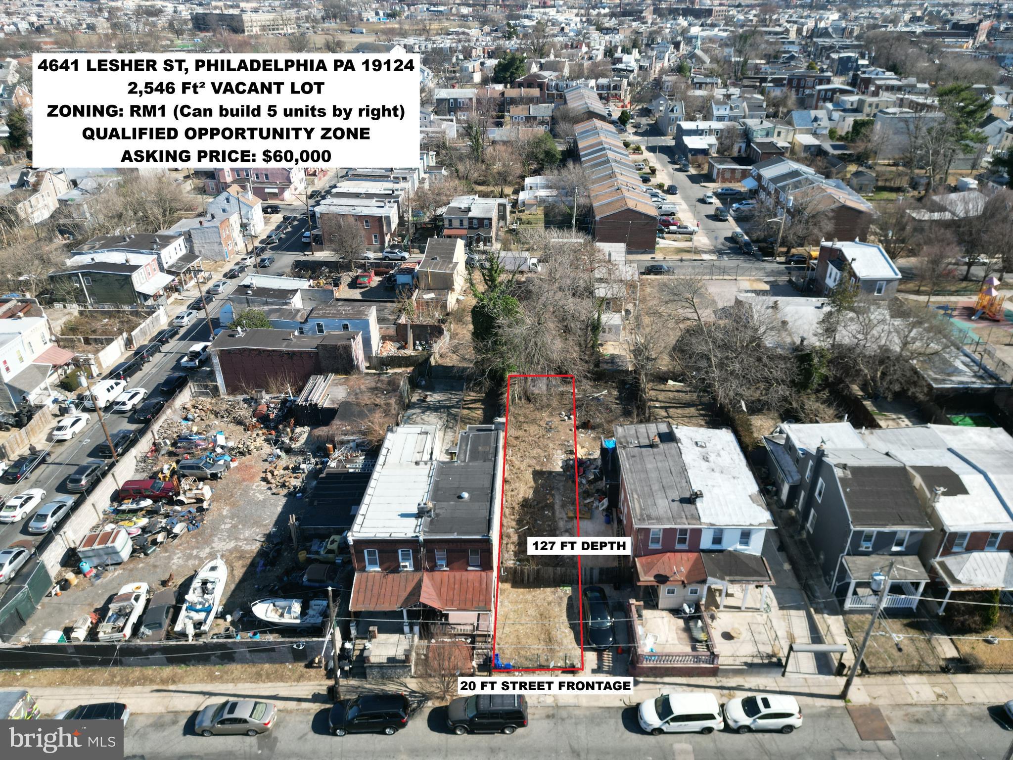 HUGE 20 Ft X 127 Ft Lot zoned RM1 - IN OPPORTUNITY ZONE - MULTIFAMILY. The back of the lot has a small 175 Sq Ft Shed/Garage (approx.) perfect for storage. The lot is situated one block east of Frankford Ave, very close to public transport and the El. This is a great opportunity to buy land in an area that will appreciate over time as the neighborhood continues to gentrify. Can build a 5 Unit Building on this Parcel by right. Agent has a financial interest in the property.