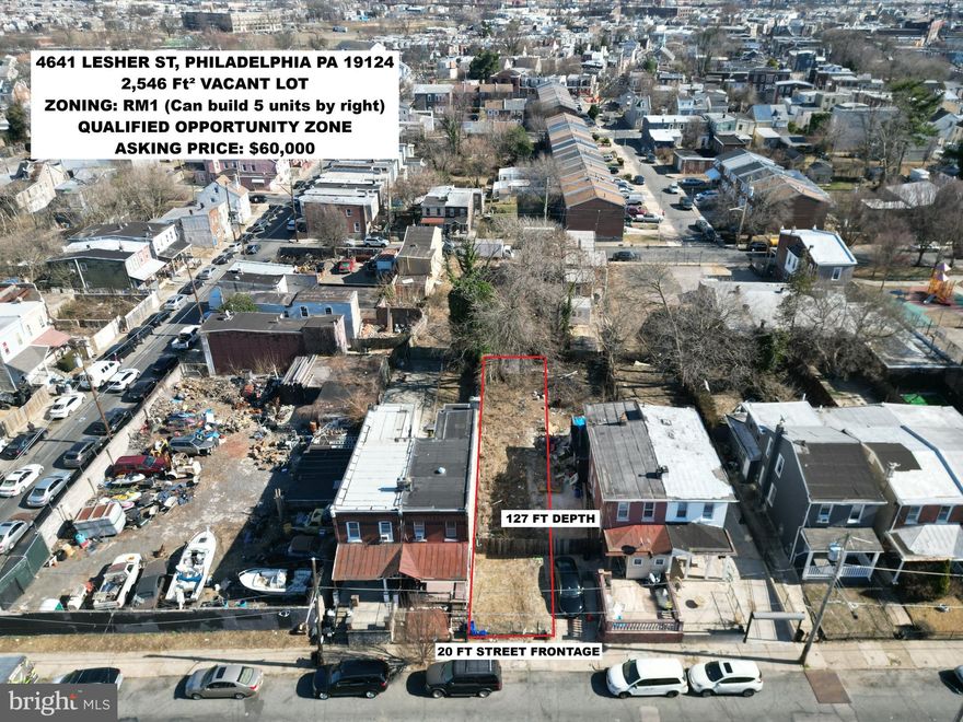 HUGE 20 Ft X 127 Ft Lot zoned RM1 - IN OPPORTUNITY ZONE - MULTIFAMILY. The back of the lot has a small 175 Sq Ft Shed/Garage (approx.) perfect for storage. The lot is situated one block east of Frankford Ave, very close to public transport and the El. This is a great opportunity to buy land  in an area that will appreciate over time as the neighborhood continues to gentrify. Can build a 5 Unit Building on this Parcel by right.  Agent has a financial interest in the property.