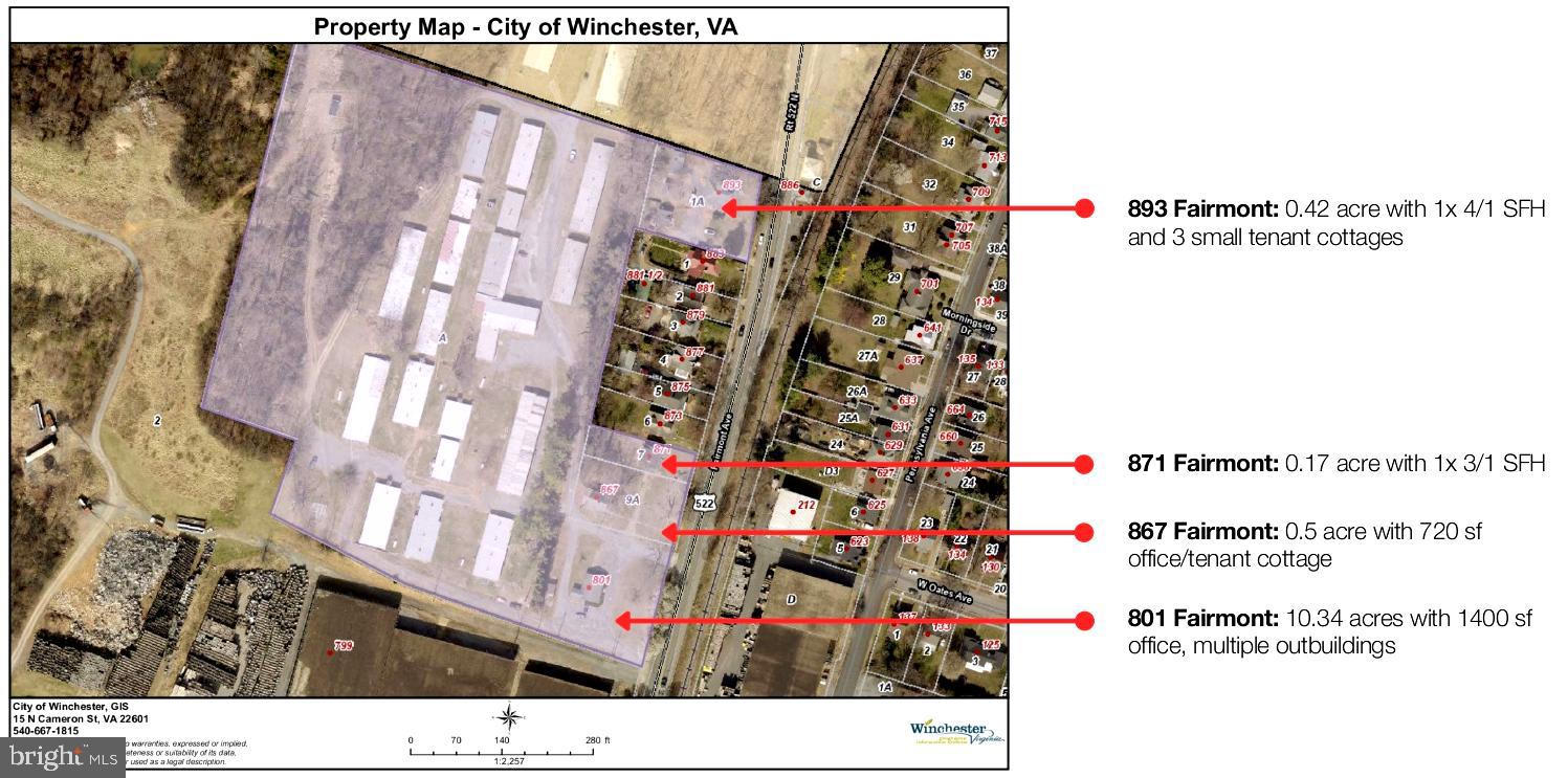 Unprecedented Development Opportunity, City of Winchester, 10.34 acres plus 3 SFH fronting Fairmont Ave (additional 1.09 acres). Gateway to downtown Old Town Winchester. Prime location for high density multifamily and mixed use commercial. Public utilities to site. Truly a catalyst development opportunity, located in the fast growing metropolitan area in Virginia. Voted #1 Main Street and Places to Retire. Also available, 27.20 acre parcel in County, immediately adjacent, also planned for high density development. MLS# VAWI2007698
Summary: OFFERING #1: CITY PARCELS (4)
ZONING: Neighborhood Design District, 50 UNITS PER ACRE
801 Fairmont - 10.34 ACRES with 1400 SF office, multiple outbuildings
871 Fairmont - .17 acres with 1x 3/1 SFH
867 Fairmont - .50 acres 720 SF office
893 Fairmont - .42 acres with 1x 4/1 SFH and 2 small tenant cottages
$4,500,000.00 TOTAL
OFFERING #2: COUNTY PARCEL (1)
ZONING: Urban Development, 20 UNITS PER ACRE
27.2 ACRES
$4,000,000.00 TOTAL