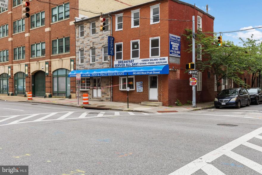 Here is a rare opportunity to acquire a historic landmark property ready for a new lease on life.  It was originally three large corner Federal Period  townhouses known as 663, 665 W, Pratt St. and 203 Penn St.   Located in the National Historic District of Ridgely's Delight, it qualifies for Historic Tax Credits for restoration redevelopment.  Only a little over a third of the building is currently in use. This part of the building is an attractive well maintained restaurant, operated by the same family for about 50 years.  Most of the potential conversion space is gutted, secured and ready for restoration. Photos and floor plans are attached. There are two public parking garages conveniently located across the street, The University of Mayland and Hospital is our neighbor on Pratt Street.   It is also located in the Stadium District, as Camden Yards Stadium and the Ravens Stadium are just a few blocks away.  It's a most walkable location, convenient to anything.  Its C-1 zoning allows many uses to include mix use, retail, office, services, medical clinics and more. While its historic status requires the building to be retained and preserved, this zoning district would permit building above it, up to 100 ft tall with a special exception.  This was recently done nearby on the corner of Pratt and Fremont. There is also an opportunity to continue a use as a restaurant while expanding it into the unused space and or to add some additional uses in the unused spaces. It would also be a great place to live where you work. While its location is great, its future is even greater.  It is possible that within a few years a customer could have breakfast in this restaurant before taking a 15 minute commuter ride to his  DC office on the proposed Red Line. For now DC commuters walk to the nearby Camden Station for a convenient commute to BWI Airport and D.C. The possibilities are endless!