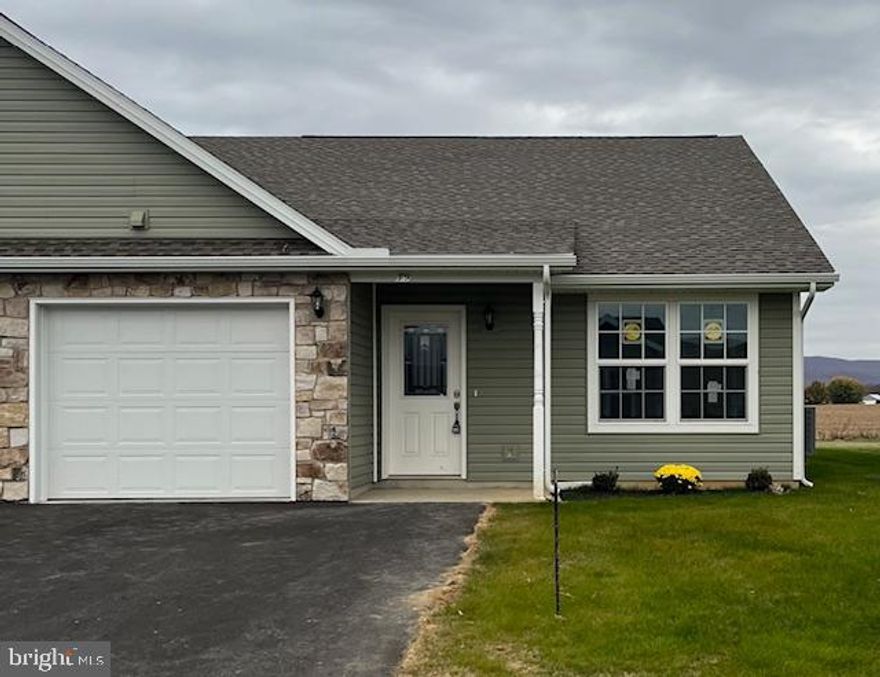 Welcome to beautiful Shalamar Gardens!  This brand new construction would be awesome with a very short commute to State College or an investment property or for PSU events.  Fabulous neutral decorating and fantastic views. The fresh air and beauty of the mountains abounds in this spectacular neighborhood just a short drive to State College.  This 1/2 duplex features 3 bedrooms, 2 full baths, laundry, patio and garage all on one-floor living.  The spacious kitchen with granite countertop/dining/ great room leads to a nice private rear yard for your enjoyment.   Paved driveway is also included.  There is a one time $75 fee due at settlement.  Don't miss the opportunity to own one of these gems--call for a tour today!   Open concept great for entertaining with luxury vinyl tile, stainless steel appliances and granite countertops.  Very easy to finance because you own your own land!