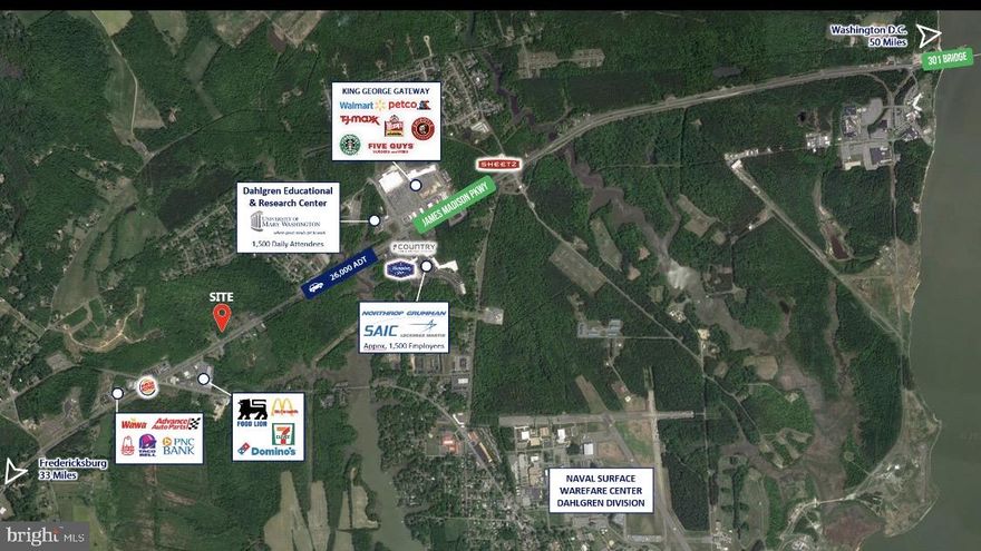 Zoning is subject to change therefore you are advised to get the details on what the zoning designations allows. You can do this by contacting the King George community Development office
 Fantastic opportunity to purchase acreage in this fast-developing commercial corridor on James Madison Parkway known as RT 301, 1/2 way between Washington DC & Richmond with an average traffic count of over 34,000 per day and growing. City water and sewer with ample capacity to serve additional commercial growth. Adjacent to Dahlgren naval base, University of Mary Washington center for technology and with dense office and retail nearby. Less than a mile from the new 4 lane Nice bridge and automated toll system Convenient to DC/ Maryland to the North and Hanover county/Richmond to the south. De facto outer beltway around DC for travelers avoiding I-95. High growth area in need of hotels, fast food, big box retail and mixed use development. Additional parcels available. C-1 zoning. See the document section for by right uses. Zoning is subject to change therefore you are advised to get the details on what the zoning designations allows. You can do this by contacting the King George community Development office