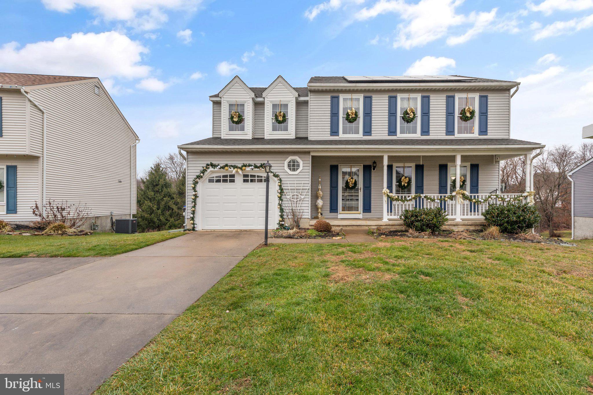 Sought after Southampton! Well maintained and updated by original owner this 4BR 3.5 BA colonial is move in ready! LVP flooring flows through the entire main level of the home. Bright and open living and dining rooms with crown molding and chair rail offer an abundance of natural light. Proceed to the heart of the home--kitchen with updated cabinetry & quartz countertops opens to the breakfast room and family room. Masonry fireplace with raised hearth, wood mantle and floor to ceiling brick is the focal point of this comfortable space! The atrium door leads to the screened in porch offering views of the backyard with saltwater, concrete, inground pool. The lot is fenced in and backs to trees, stream and open space! You will be counting the days until summer to enjoy your new backyard oasis! Upper level hosts a primary suite with large walk in closet and primary bath offering a separate dressing area with a double vanity. 3 Additional generously sized bedrooms, all with ceiling fans. Another full bath, hall linen closet and pull down attic access complete the upper level. Additional living space in the finished lower level! Stunning stacked stone gas fireplace in the rec room affords a warm comfortable space for relaxing with the family or entertaining friends! Tucked away from the living space is a built in desk area with drawer and cabinetry perfect for working from home. Laundry with full size washer and dryer is across from the office space. And a spacious storage room with shelving! A full bath and walkout exit to the backyard (and pool!) will be super convenient for summer time fun in the pool! Save on your utility bill with solar panels! Leased through Sunnova.