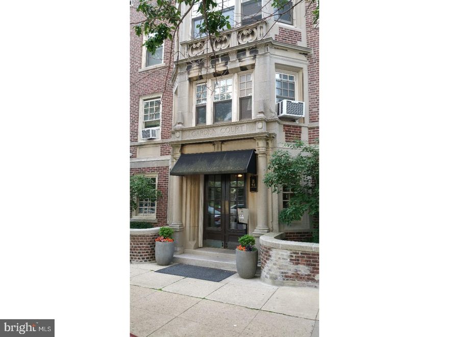 Wonderful opportunity to acquire this spacious (1179 Square feet) 1-bedroom home in desirable Garden Court. This University City condominium boasts a large open design, grand rooms with old world charm and striking character, including hardwood floors throughout, crown and baseboard moldings, detailed woodwork, faux fireplace and decorative mantle, ceiling fans, and in-unit washer/dryer make this condo generally great for entertaining. Bedroom is 17.5 x 18.5, Dining Room is 13 x 18, Living Room is 14.5 x 27. First floor unit on a lovely tree lined block with Tennis Courts. mortgage incentives zone. Pet friendly building. Recent improvements included renovated elevators, new roof, landscaped courtyards with koi ponds, and restored pool. The 2017 monthly assessment fee consists of 2 parts: property improvement assessment, $121.34, which continues monthly until the end date in 2027; plus the ongoing monthly association fee of $607.40 (heat, hot water, sewer, trash and snow removal, recycling, elevators, interior/exterior building maintenance, grounds maintenance, plus additional common areas of indoor heated POOL/Gym, game and community rooms, and professional building management). The condo owner's only individual utility charges are for electricity and a small gas bill for cooking estimated at $15.00 per month depending on usage.