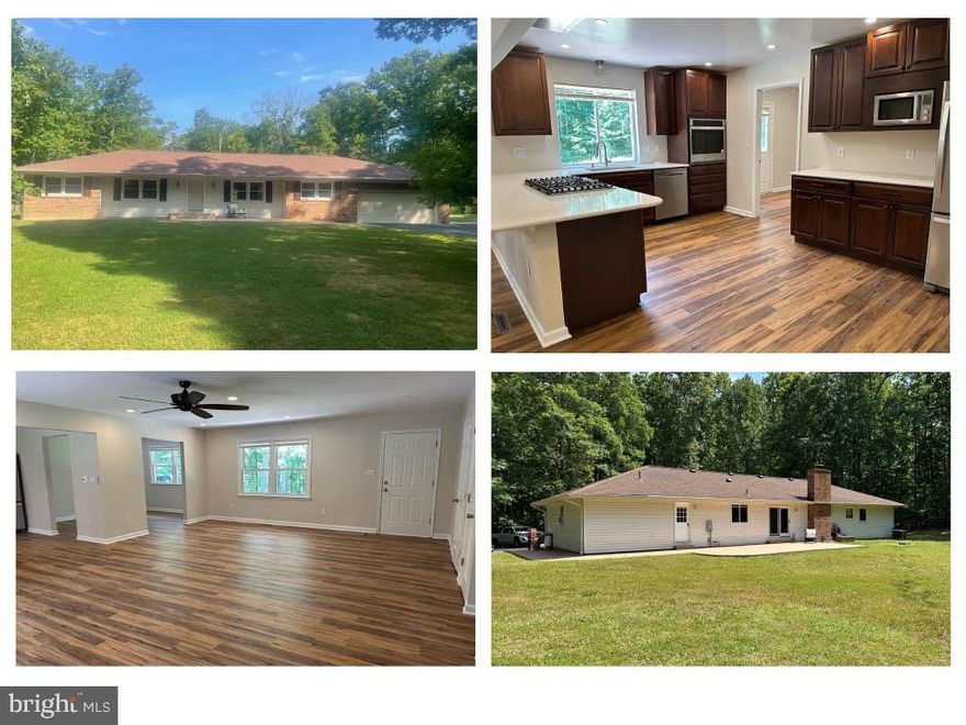 This stunning rambler in Fredericksburg, VA, sits on 4.53 acres of sunny, open land surrounded by trees, offering complete seclusion.   As you enter, you'll step into the expansive great room that spans from the front to the back of the home.  From the great room, step onto the patio which provides a perfect entertainment spot.  There, you can enjoy the large yard and surrounding nature in a private setting. To the right of the great room, you'll find a dining room and a spacious kitchen.  The remodeled kitchen boasts recessed lighting, stainless steel appliances, 42" solid wood cabinets, and Corian countertops, all seamlessly connected to the sprawling great room.  The kitchen leads to a mudroom with an access door to the back patio and connects to the laundry/utility room, which has an access door to the 2-car garage.
Off the left side of the great room are the primary bedroom with a private bathroom, two additional bedrooms, and another full bathroom.  Each bedroom has a ceiling fan.  The home features luxury vinyl plank flooring throughout and has been freshly painted inside. The updated bathrooms include ceramic tile flooring, new vanities, and fixtures.
Outside, you'll find extensive sidewalks and a sprawling patio, all freshly painted.  A 2-car garage and paved driveway provide ample parking for cars and recreational vehicles.  With replacement windows, a newer roof, and updated HVAC, you can enjoy lower utility bills.  This home has been beautifully maintained and updated by the owner.. a lovely place to call HOME!
The available lease term runs through July 31, 2025. Pets are considered on a case-by-case basis, but no cats are allowed. The property is conveniently located close to Route 17, Geico, and I-95.