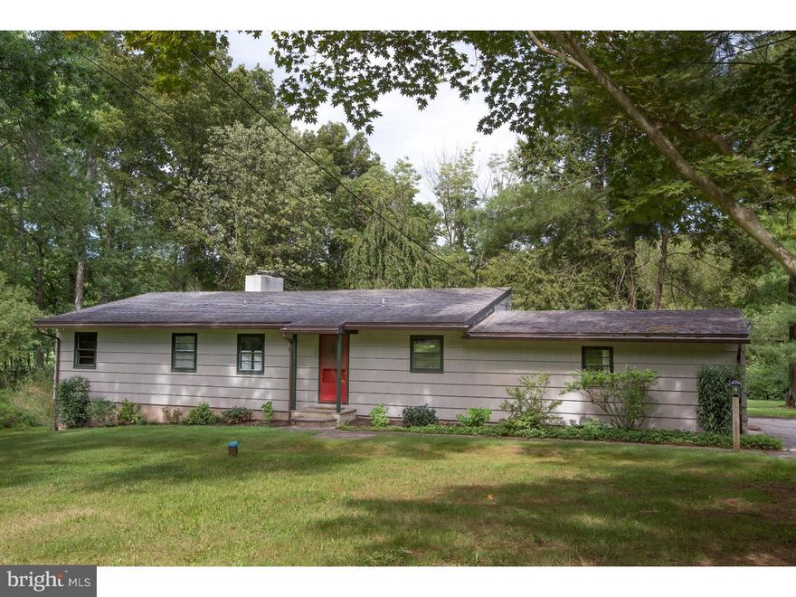 Picturesque setting on over an acre in bucolic Solebury Twp, just outside of downtown New Hope. Enjoy one-level living in this two bedroom home with original hardwood floors, a large sunroom, and covered patio overlooking the in ground pool. Attached one car garage, basement, and storage room.