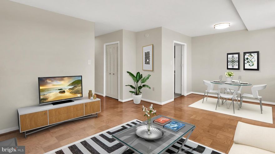 This fabulous studio with wood floors, lots of closet space and ample Living/Dining space enjoys all of the amenities of Grosvenor Park -  the jewel of Montgomery County with 50-acre park, pool, tennis, fitness room, extra storage, 24/7 security, package and dry clean valet, grocery store, and party rooms.  Fee includes all utilities, parking, access to amenities, cable TV and broadband.   NO SMOKING, NO PETS